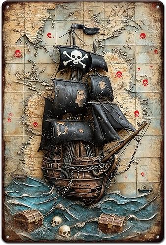 GLOBLELAND Vintage Pirate Ship Metal Tin Sign 12x8inch Skull Ocean Tin Signage Decor Signs Retro Treasure Chest Wall Metal Plaque for Home Room