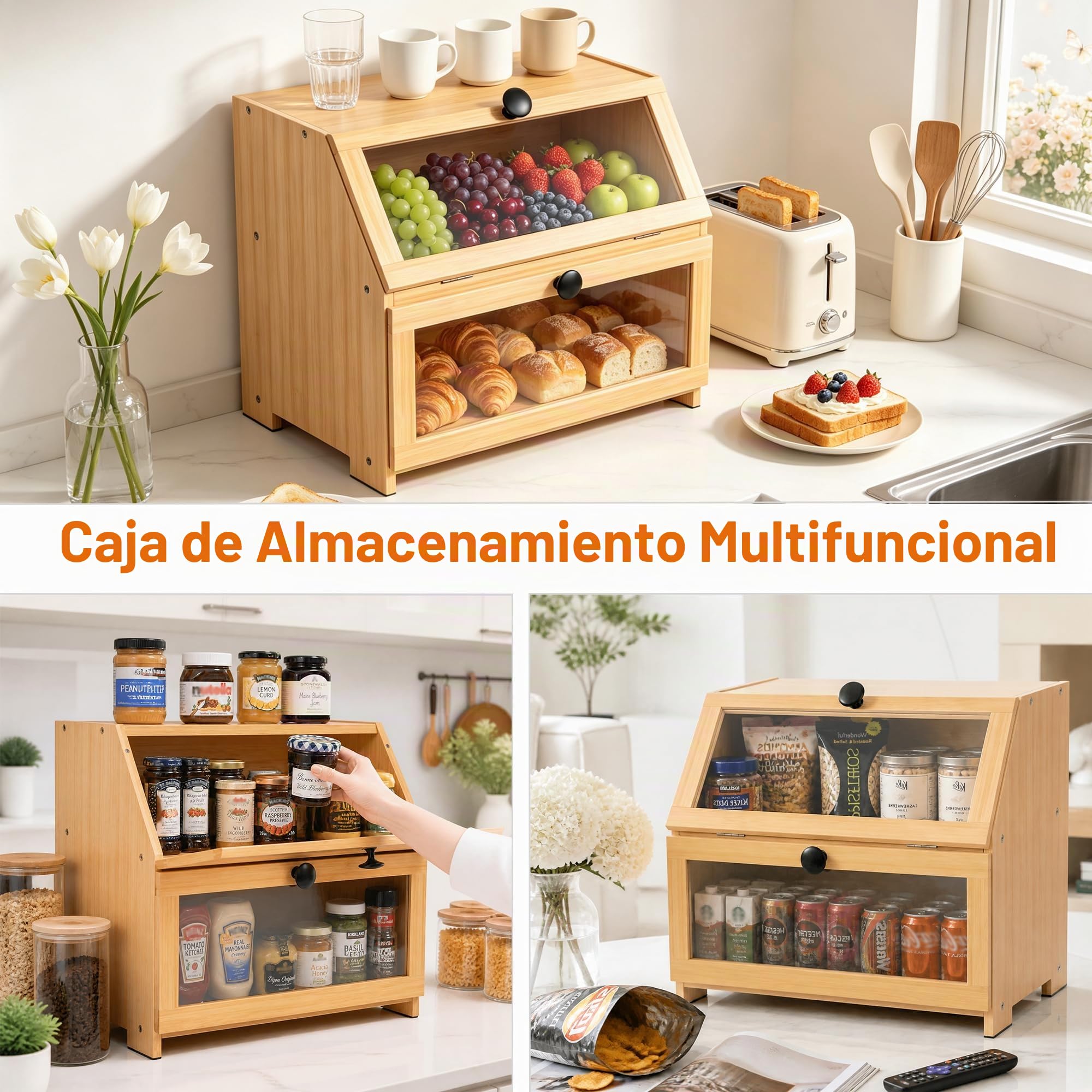 RayLove Panera de madera, panera de doble capa, gran contenedor de almacenamiento de pan para mostrador de cocina, esquina, armario, despensa, armario (Automontaje) (Color Primario)
