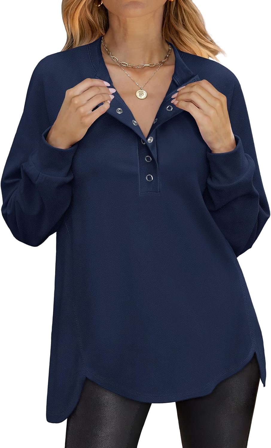 ANRABESS Women's Long Sleeve Henley Tops Tunic Sweatshirt Loose Slit Casual Button Shirts Pullover 2025 Fall Winter Outfits