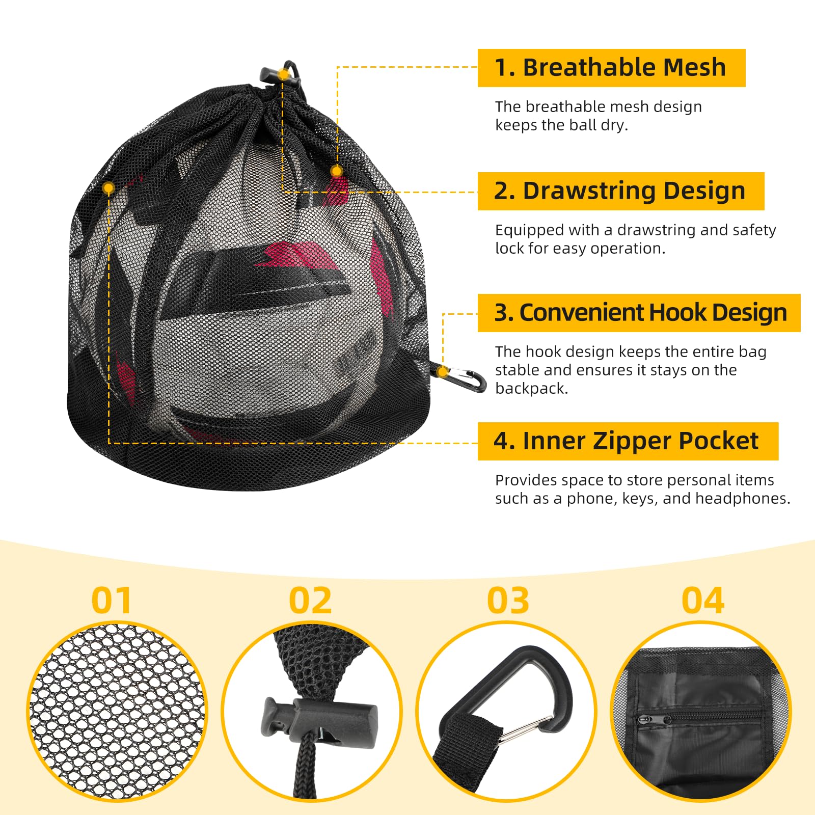 Windfromort Sacs Basketball 16L - Sac Ballon de Basket - Filet Pliable avec Poche Zippée et Mousqueton - Sac de Transport pour Basketball, Football