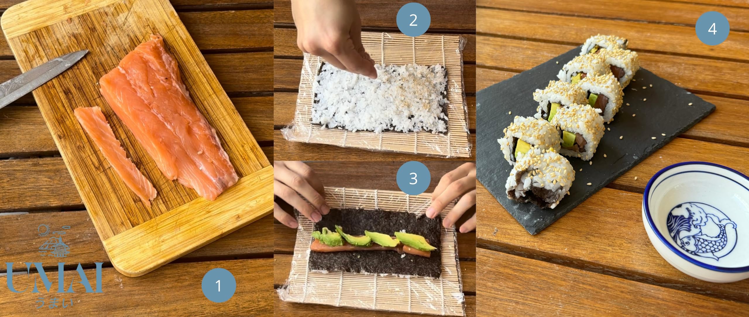 UMAI Kit Sushi | Kit pour faire des sushis à la maison | Set de sushis 2 tapis à sushis + palette + 2 jeux de baguettes + 2 bols de soja + 2 supports baguettes + QR avec livre de recettes