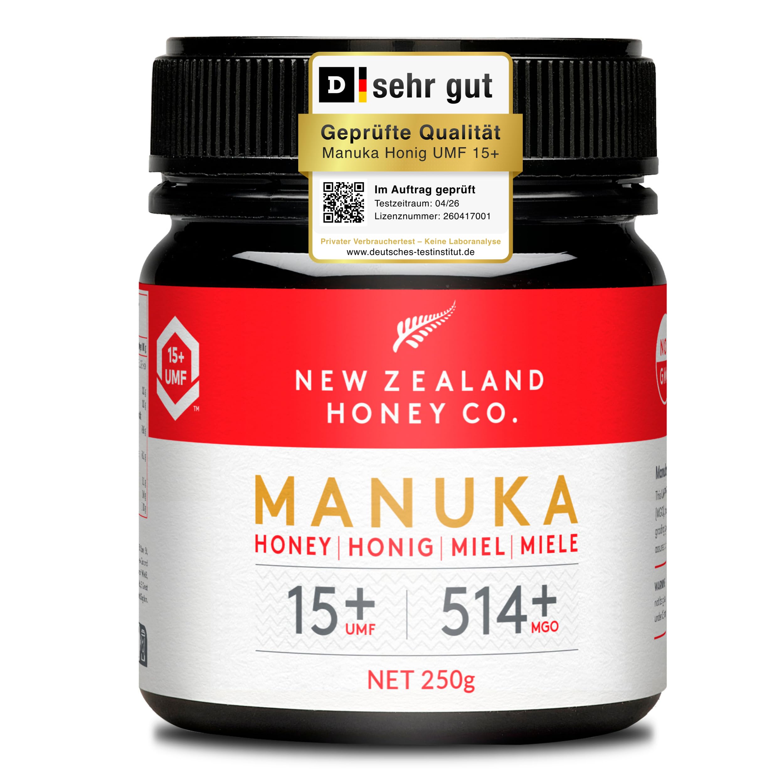 Manuka Honig MGO 514+ UMF 15+ 250g Aktiv Roh Hergestellt in Neuseeland Zertifiziertem Methylglyoxal Gehalt