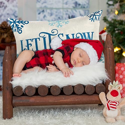 Miniatura 4 de 2 fundas de almohada navideñas de 20 x 12 pulgadas, fundas de almohada de lino con texto en inglés "Merry Christmas and Let It Snow", fundas de