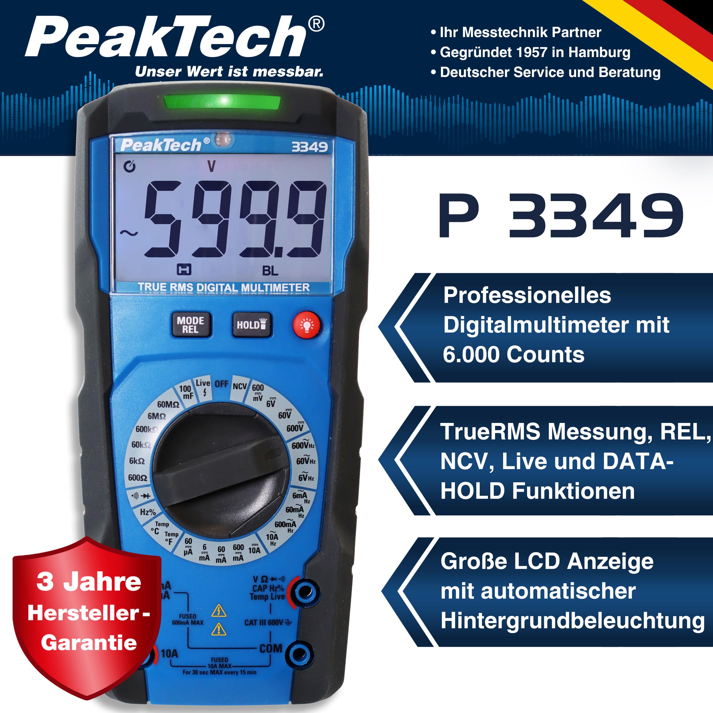 PeakTech P 3349 - Multimetr cyfrowy TRMS 6,000 zliczeń, prąd i napięcie AC/DC, rezystancja, pojemność i ciągłość, 600V / 10A - CAT III