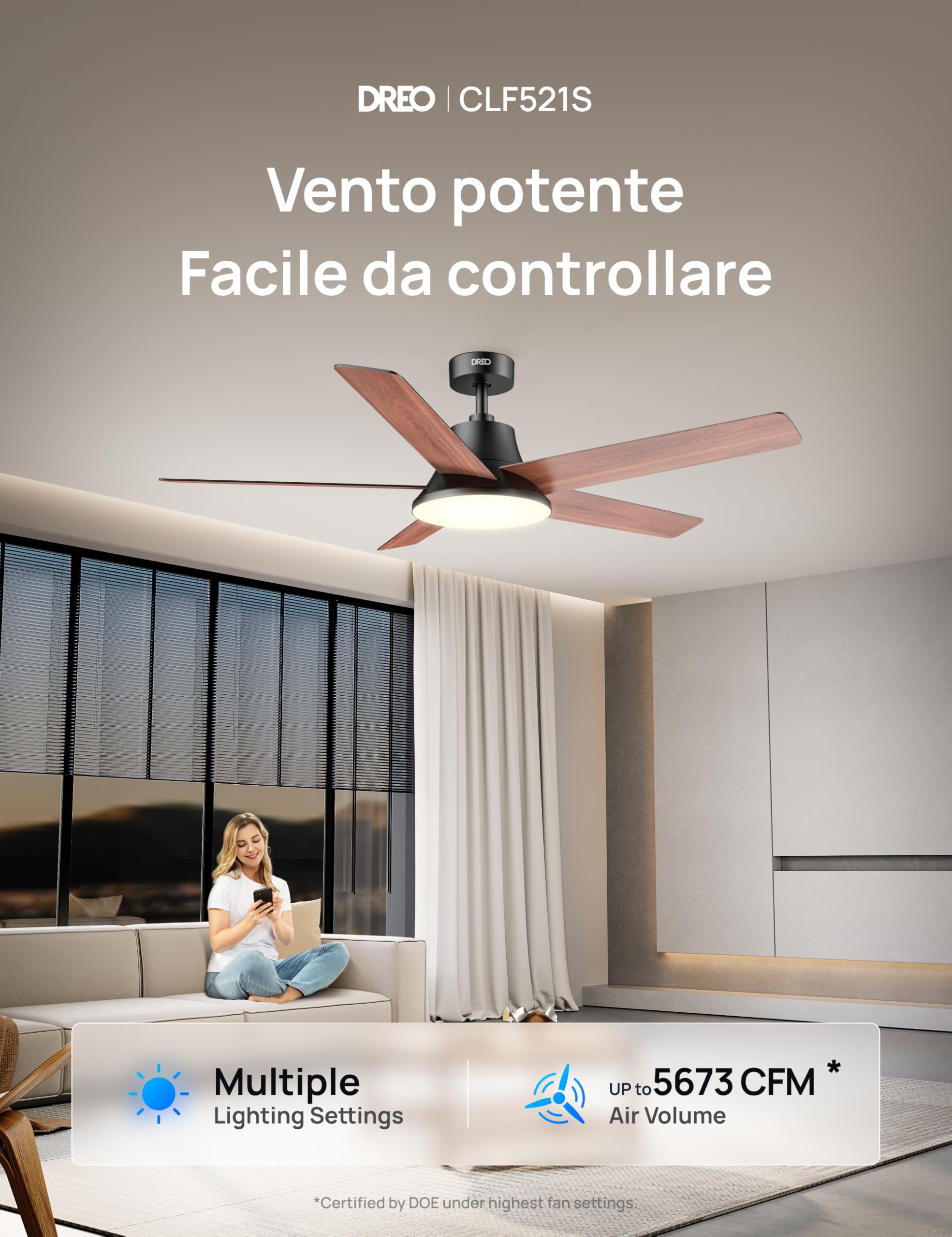 DREO Ventilatore a Soffitto Smart 132 cm, Luce LED con Tonalità Regolabili e Dimmerabile, 12 Velocità, 3 Modalità, Timer 12h, Motore DC Silenzioso, con Telecomando/APP/Alexa