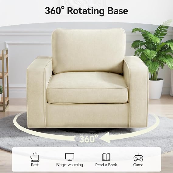 36.2 Wide Swivel Accent Chair - 360 Rotation Upholstered Modern Design Comfortable Cushioned Seating, Pillowback Glider Rocking Chair for Living Room, Bedroom, Nursery and Reading Nook, Beige