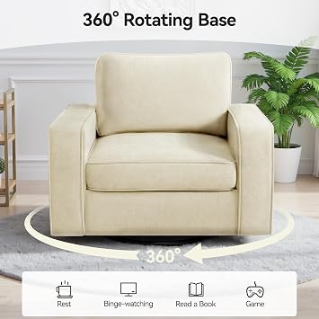 36.2 Wide Swivel Accent Chair - 360 Rotation Upholstered Modern Design Comfortable Cushioned Seating, Pillowback Glider Rocking Chair for Living Room, Bedroom, Nursery and Reading Nook, Beige