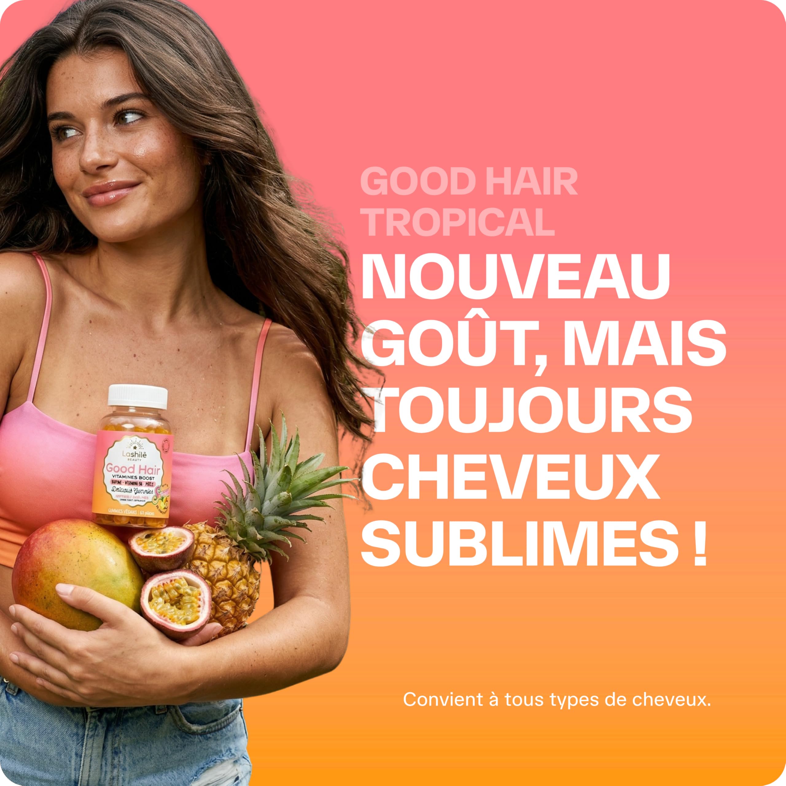 Lashilé Beauty - Gummies cheveux - Pousse accélèrée Croissance & Fortification des cheveux - Complément Alimentaire - Good Hair Summer - Biotine Zinc Vitamine B8 C - Cure 1 Mois 60 Gummies