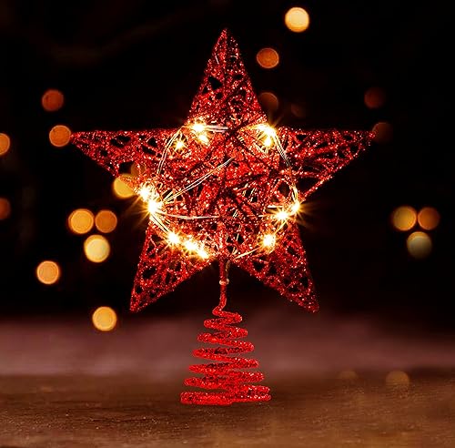 Miniatura 2 de Joiedomi Christmas Tree Toppers, Glitter Red Star Decor with Warm White LED Lights for Xmas Holiday Party Indoor Decorations