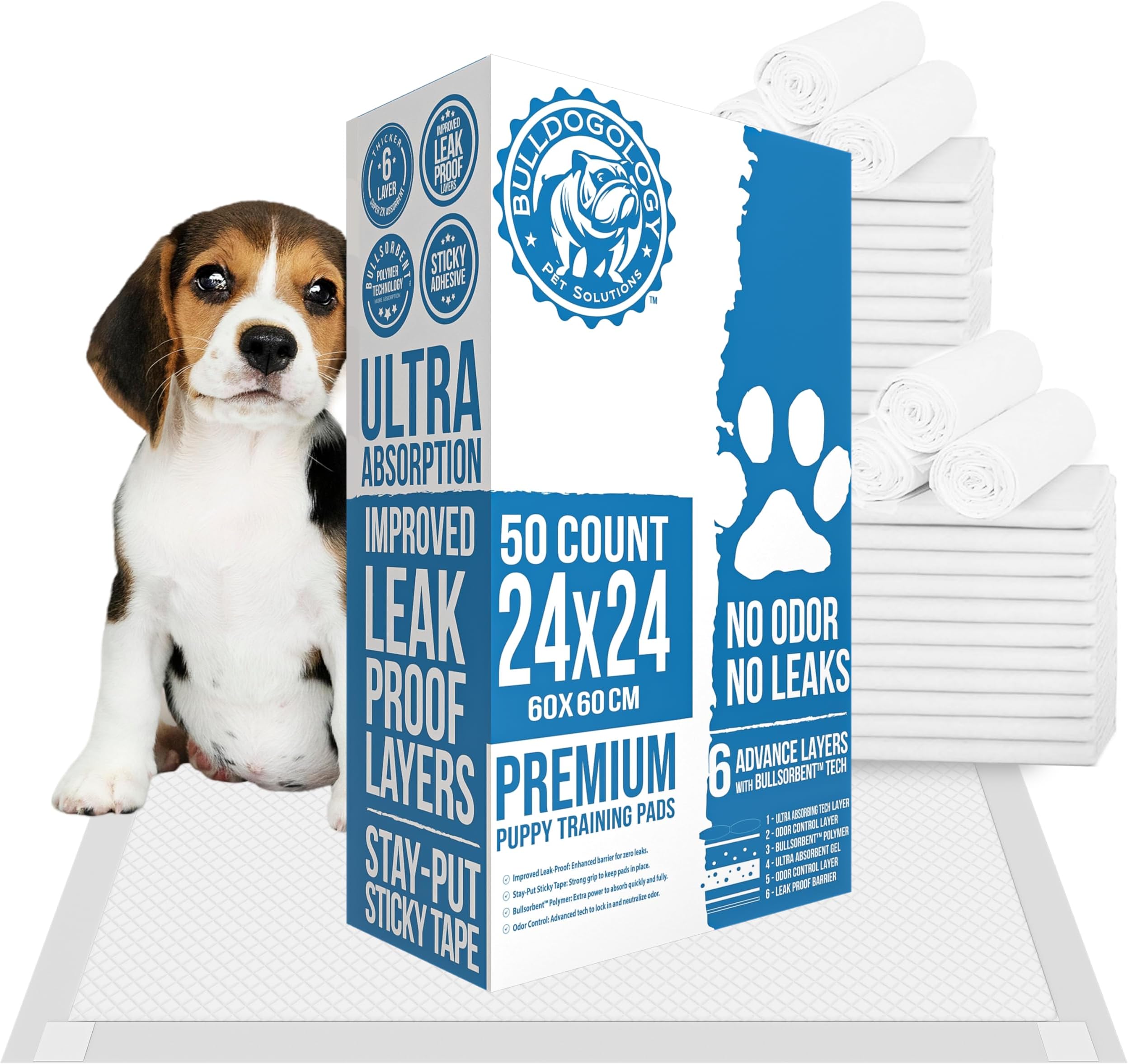 Bulldogology 50-Count Dog Puppy Pads (24x24) Large Pee Pads for Dogs - 6 Layer Pet Training Pads, Super Absorbent Puppy Pads with Adhesive Tabs for Small to Large Dogs