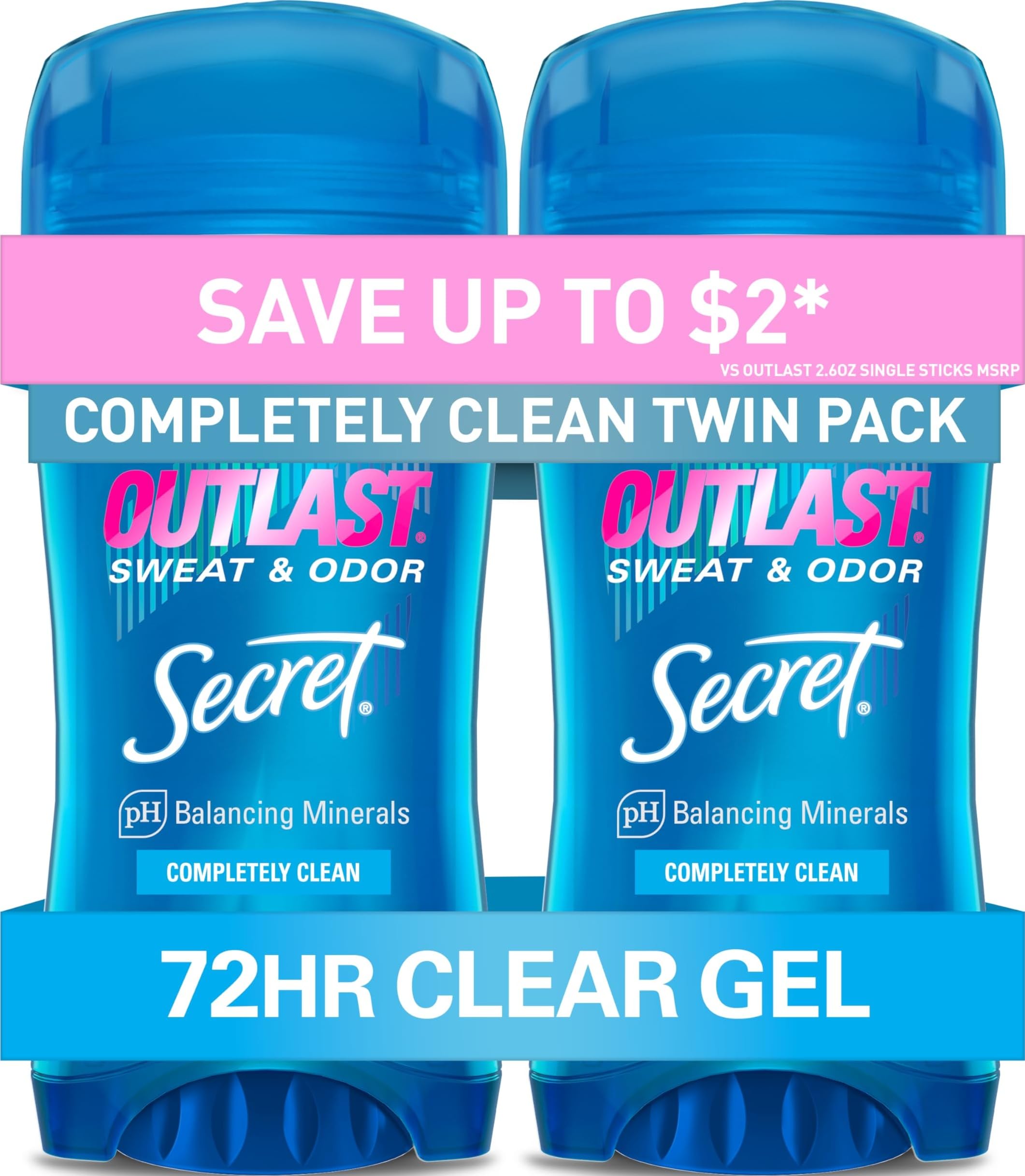Secret Outlast Antiperspirant Deodorant for Women, 72hr Sweat & Odor Protection, PH Balancing Minerals, Pro-Hyaluronic Acid, Clear Gel, Completely Clean Scent, 2.6 oz (Pack of 2)