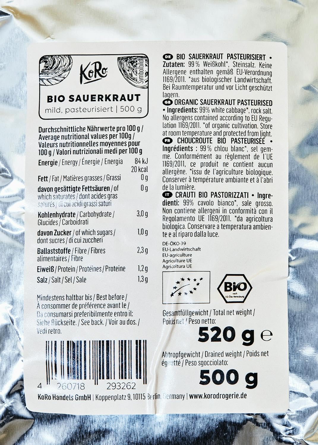KoRo Bio Sauerkraut 20 x 500 g