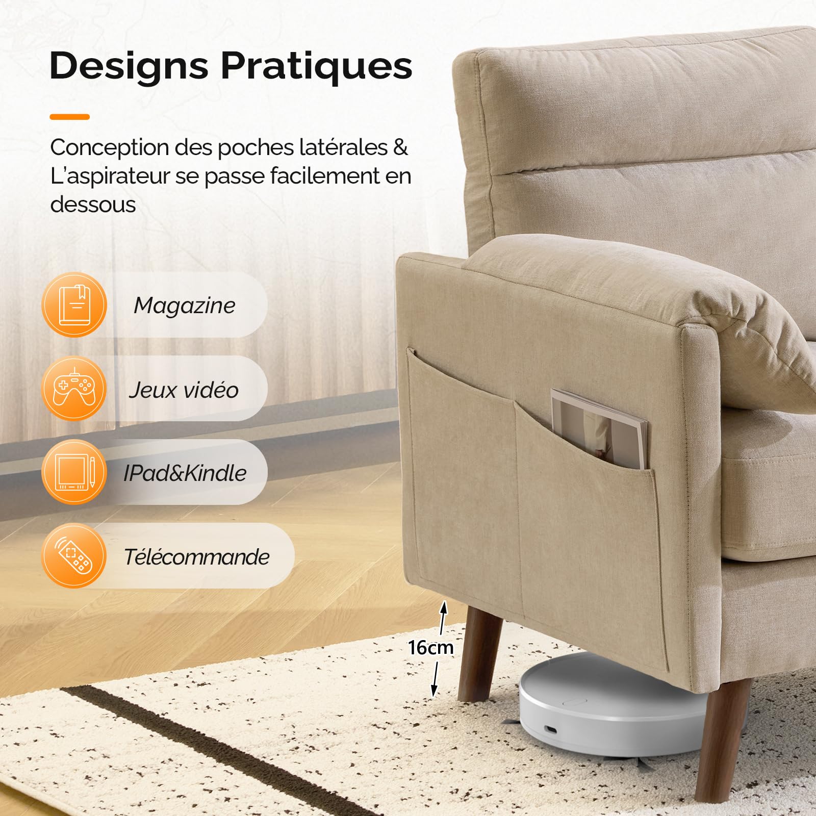 Bonnlo Divano con bracciolo per orecchie di elefante, poltrona a 2 posti, divano imbottito in lino, mobile con tasca laterale, per soggiorno, ufficio, camera da letto, 125 x 78 x 86 cm, beige