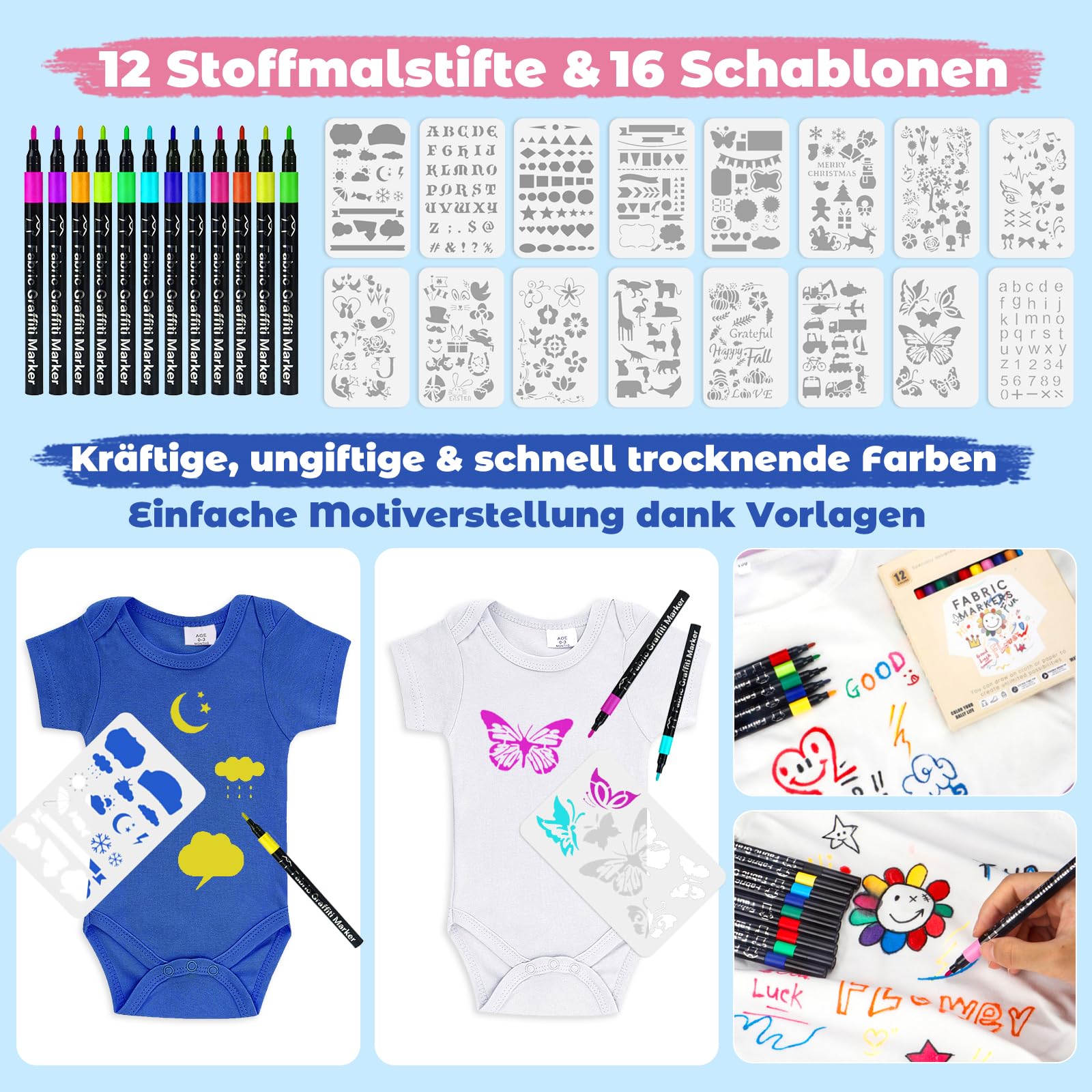 Baby Lätzchen zum Bemalen babyparty deko 12 Stück,6x Babybody aus Baumwolle,6x musselin tücher baby,12 Farbigem Textilstift 15 Tiere Malvorlagen,Gender Reveal Geschenk für Babyparty spiele baby shower
