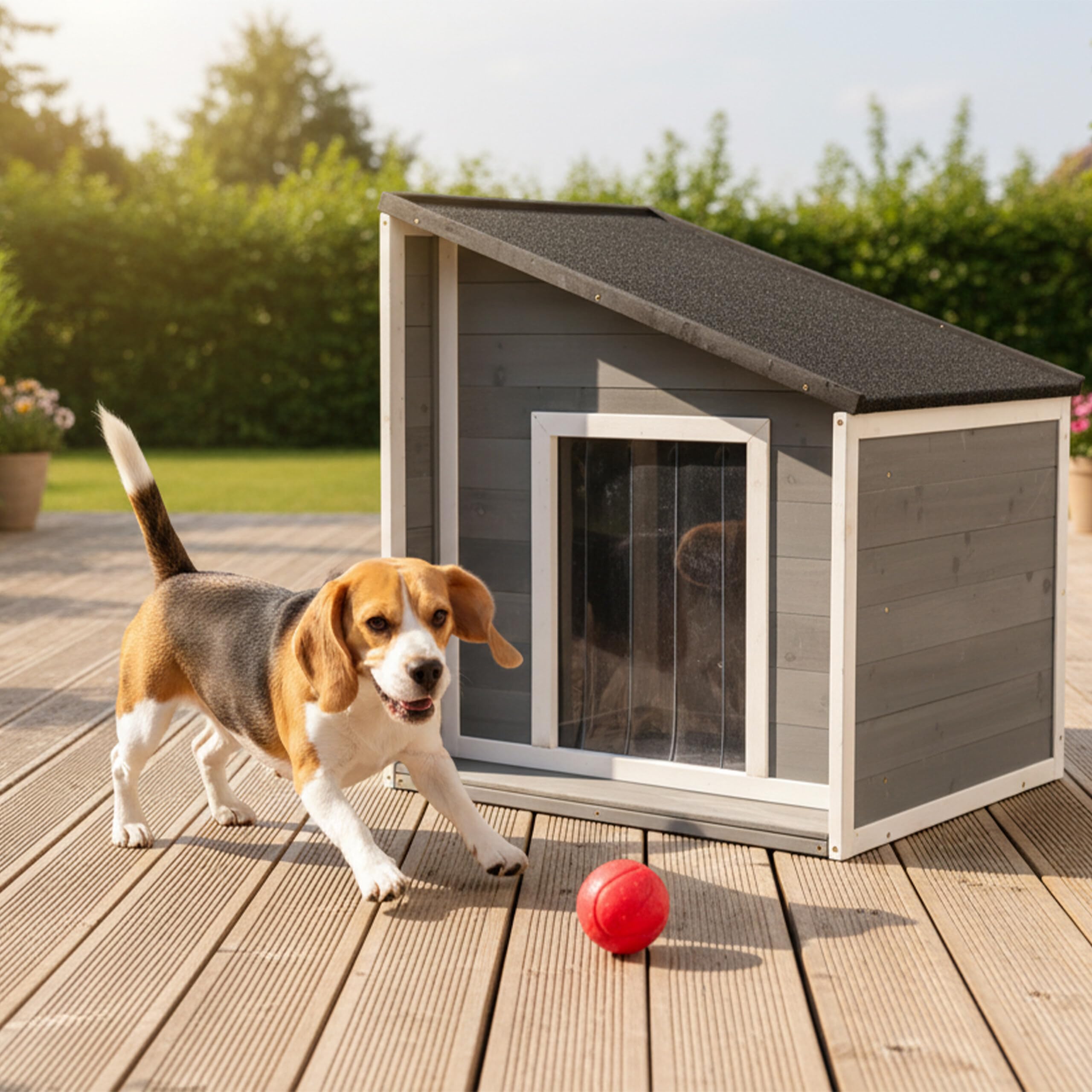 Caseta para Perros Relaxdays, Madera, Impermeable, Techo abatible, HBT: 77 x 71 x 58 cm, Gris/Blanco