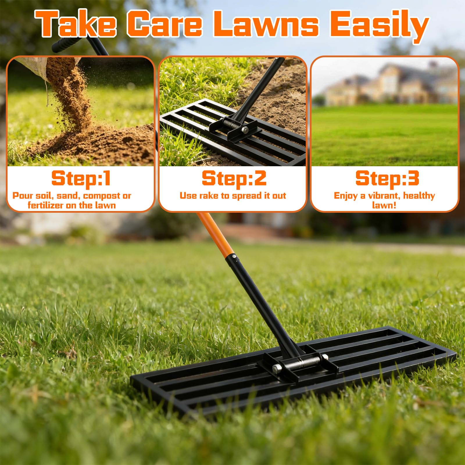 COZEER Rastrello di livellamento 76,2 x 25,4 cm, strumento livellatore con manico regolabile da 198,1 cm | Resistente e robusto, antiruggine, per giardino, campo da golf, fattoria e pascolo