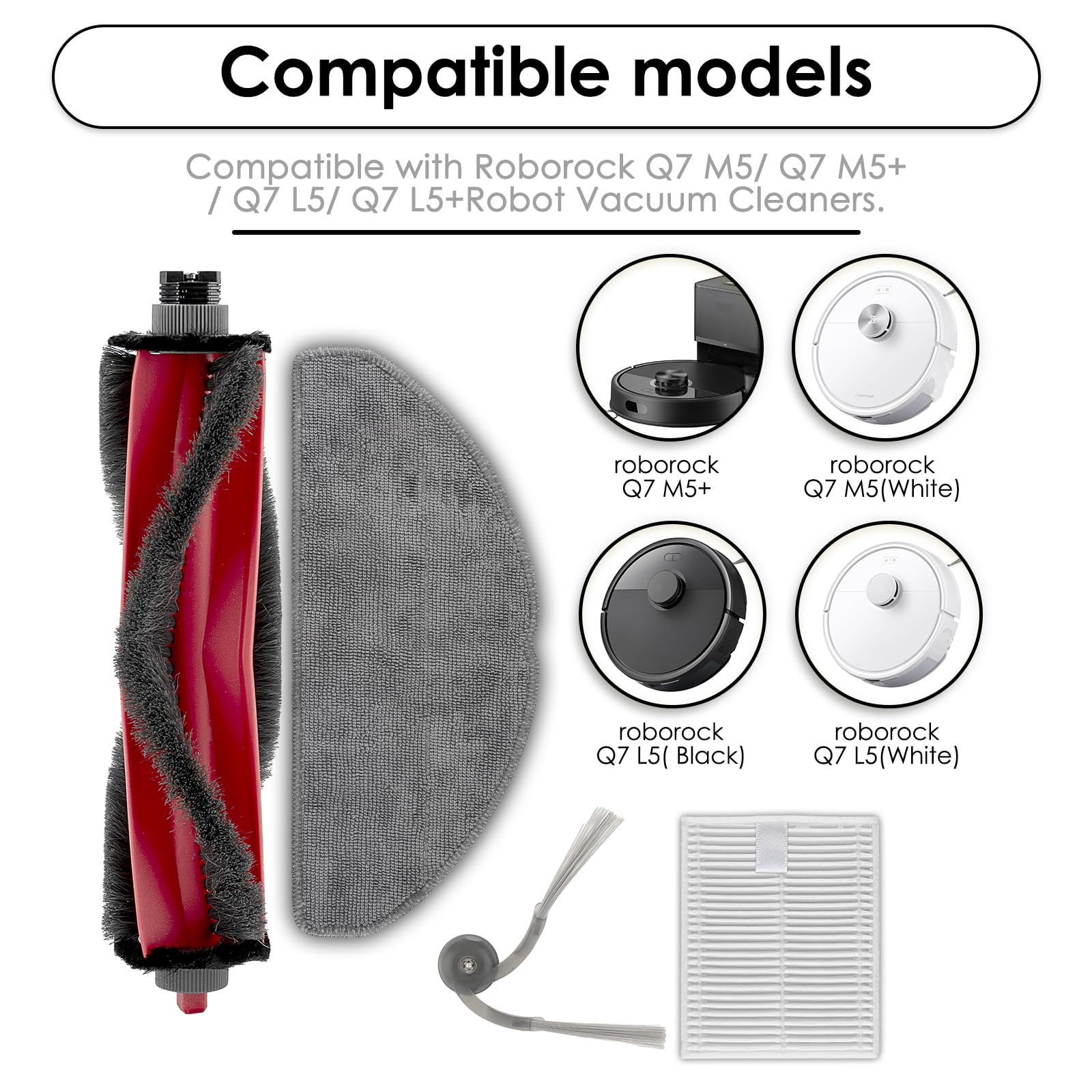 (10 Pezzi) Q7 M5/ Q7 M5+/ Q7 L5 Ricambi di Ricambio per Aspirapolvere Robot Roborock Q7 M5/ Q7 M5+/ Q7 L5/ Q7 L5+, 1 Spazzola Rullo, 4 Spazzole Laterali, 3 Filtri HEPA, 2 Panni Straccio, Kit Accessori