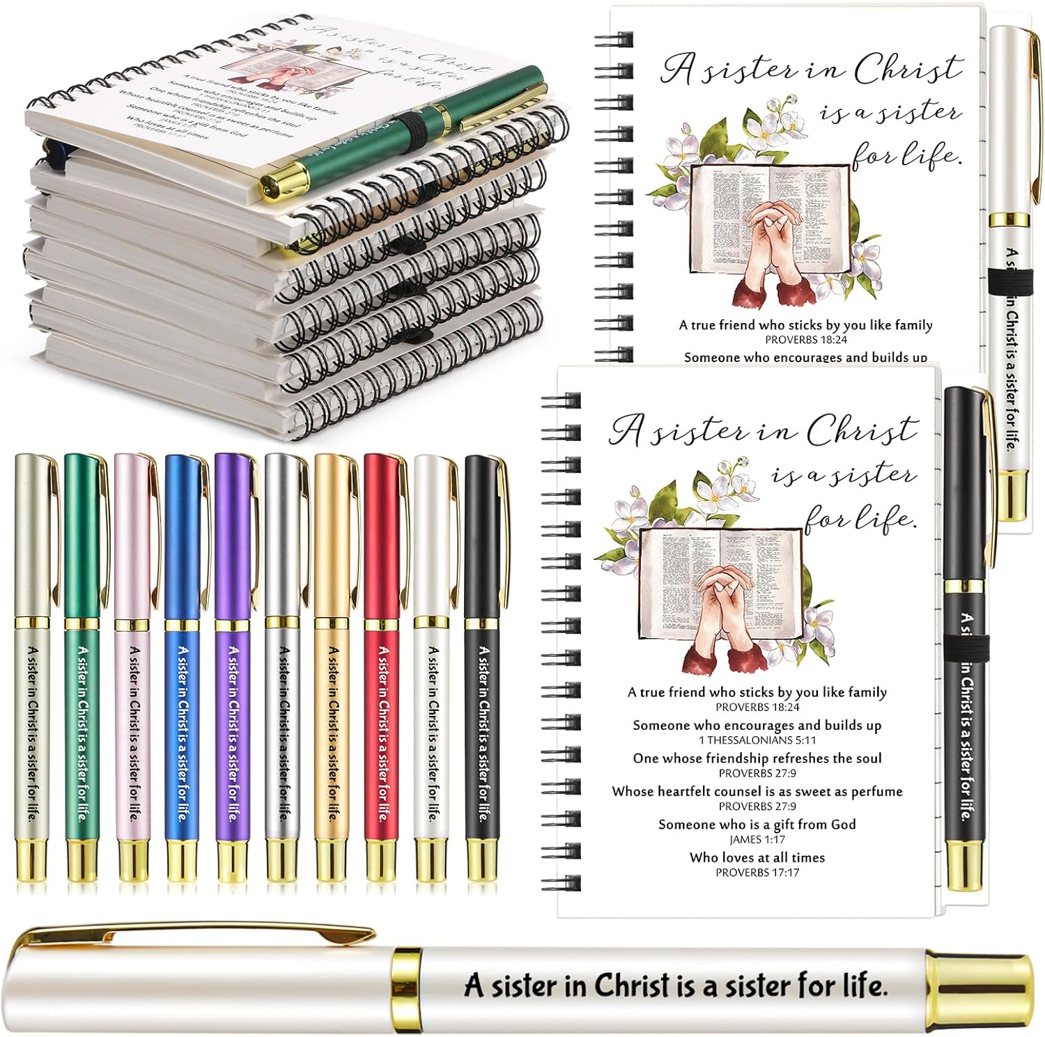 Fullhawl 40 Pcs Sister in Christ Gifts for Women Christian Secret Sister Notebook and Pen Bible Spiral Notebook Journaling Notebooks 10 Colors Ballpoint Pens for Church Sunday School Teacher