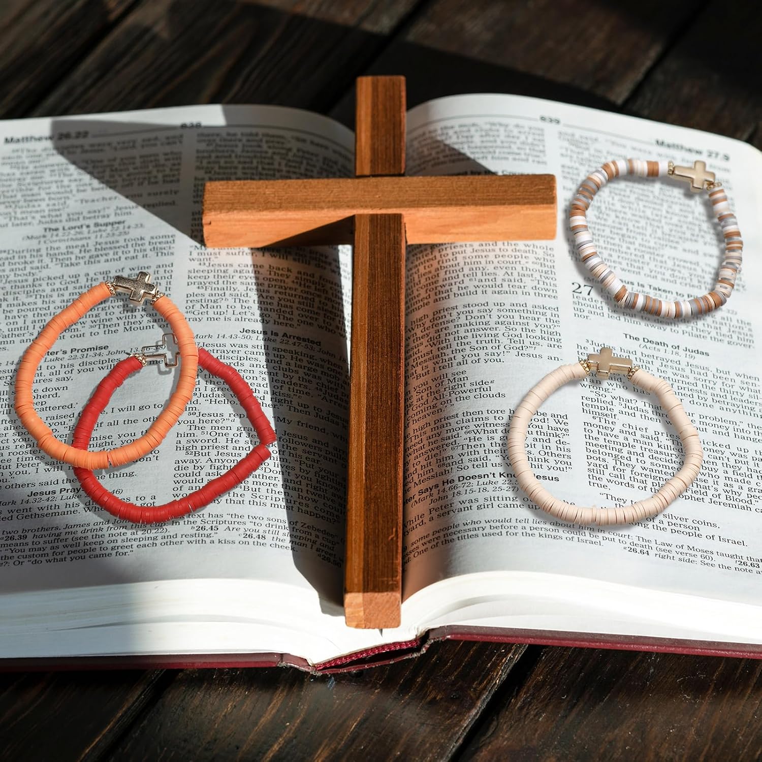 48 Pcs WWJD Bracelets What Would Jesus Do Bracelets for Women, Christian Wristbands Pack Handmade Elastic Beaded Wristbands Inspirational Religious Jewelry Gift for Girls Her(Cross)