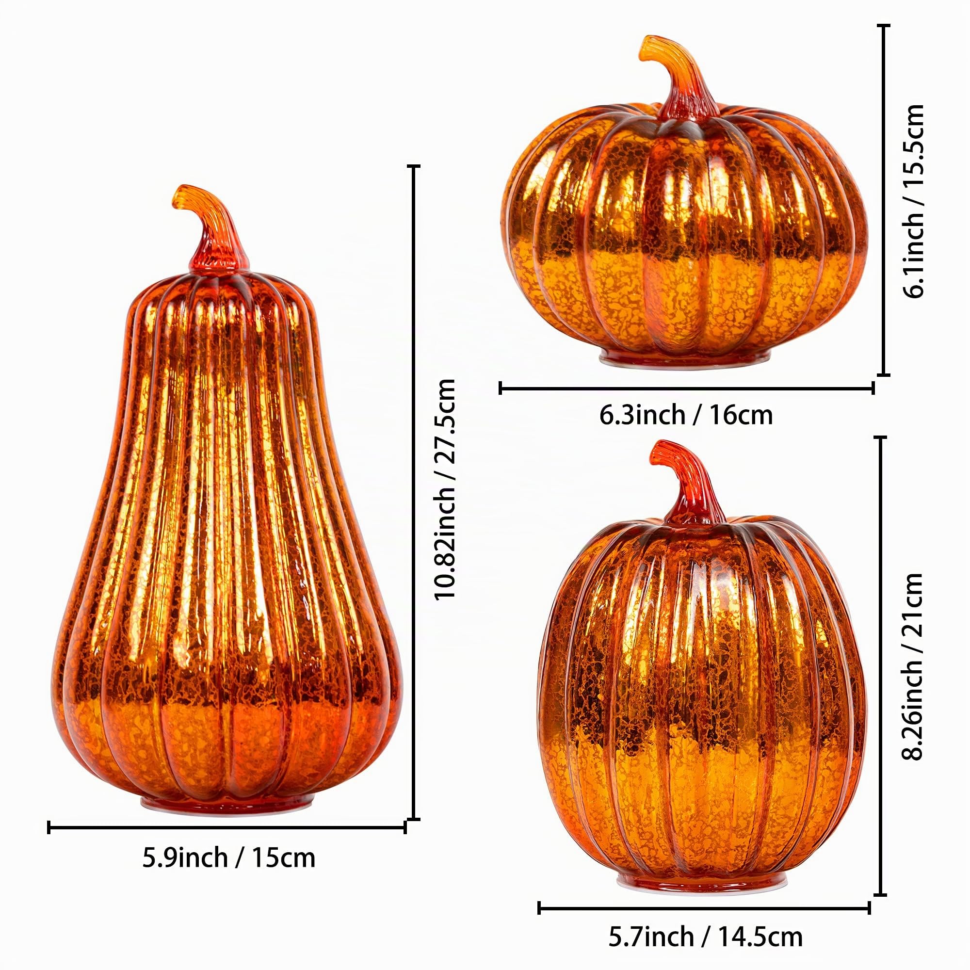 KI Store Glas Kürbis beleuchtet mit Timer Set of 3 LED Kürbis Figuren groß 27/21/15cm Nachtlicht Ornamente für Tafelaufsatz,Erntedankfest Halloween Herbst deko herbstdeko