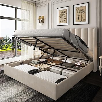 knoworld Queen Size Lift Up Storage Bed Frame with 51" Tall Headboard, Upholstered Velvet Wingback Tufted Design, Wood Slats Support, No Box Spring Required, Noise-Free Double Bed Frame Queen,Beige