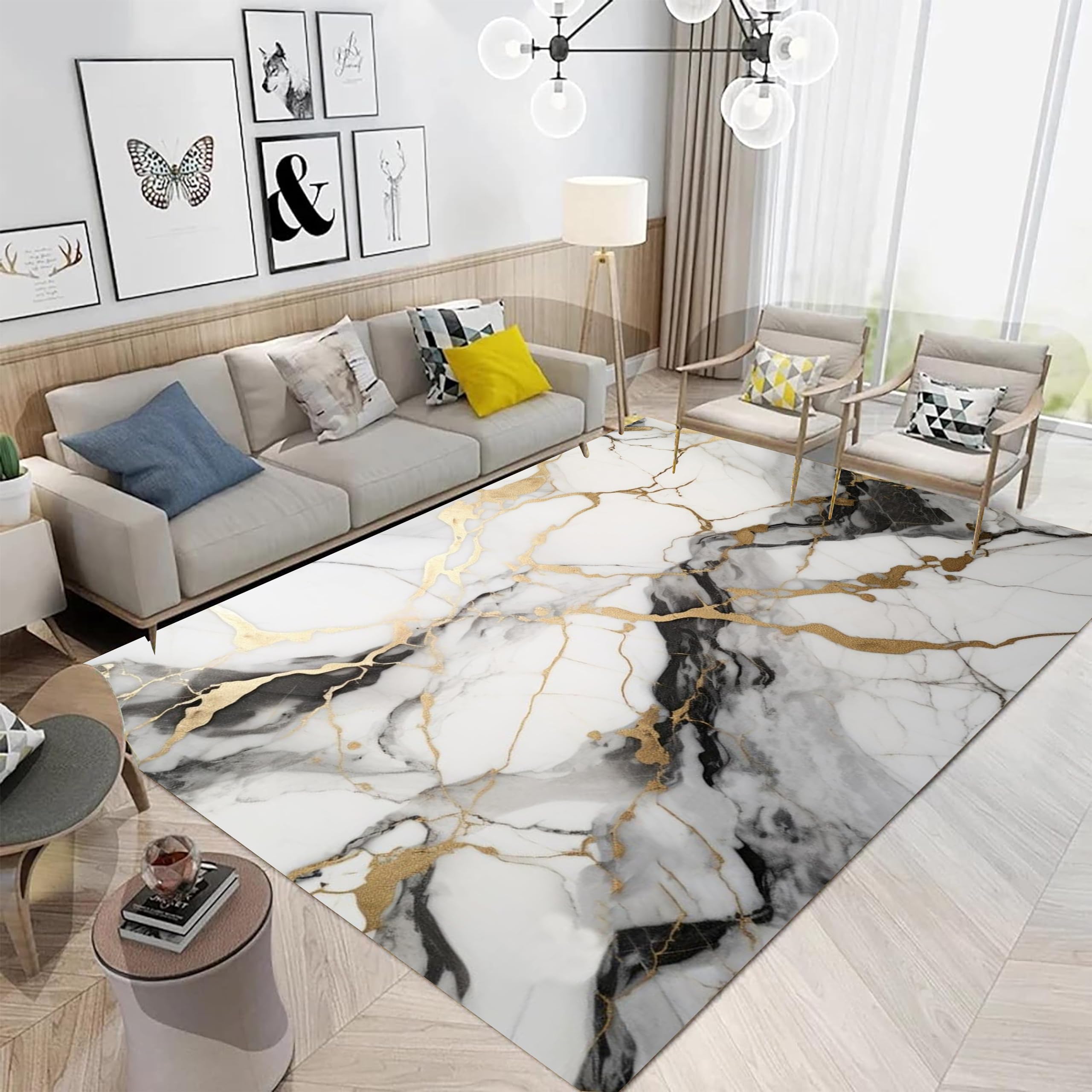 White Marble Area Rug, 4x6ft, Black Gray Gold Texture Design Rug, Light Luxury Modern Abstract Art Rugs, Living Room Bedroom Dining Room Office Indoor