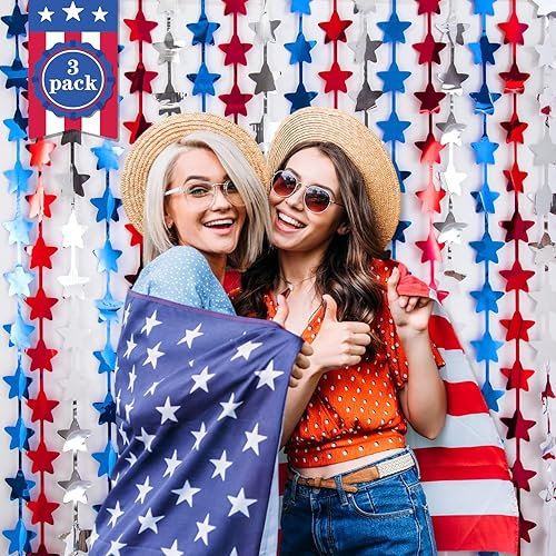 Miniatura 2 de LOLStar Decoraciones del 4 de julio, paquete de 3 cortinas de flecos de papel de aluminio de oropel de estrellas rojas, blancas y azules, 4 de