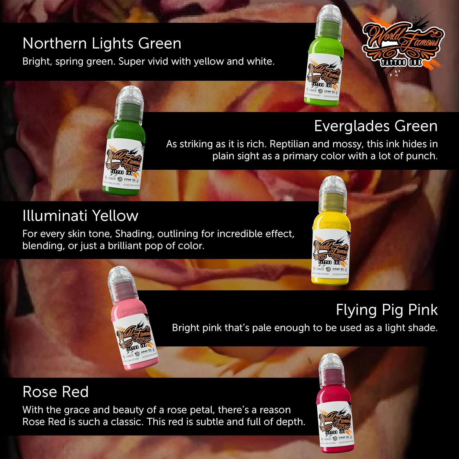 World Famous Botanical Mini Color Tattoo Ink Pigment Set of 5, Vegan, Professional Supplies, 1oz Bottles, Northern Lights, Everglades Green, Illuminati Yellow, Flying Pig Pink, Rose Red