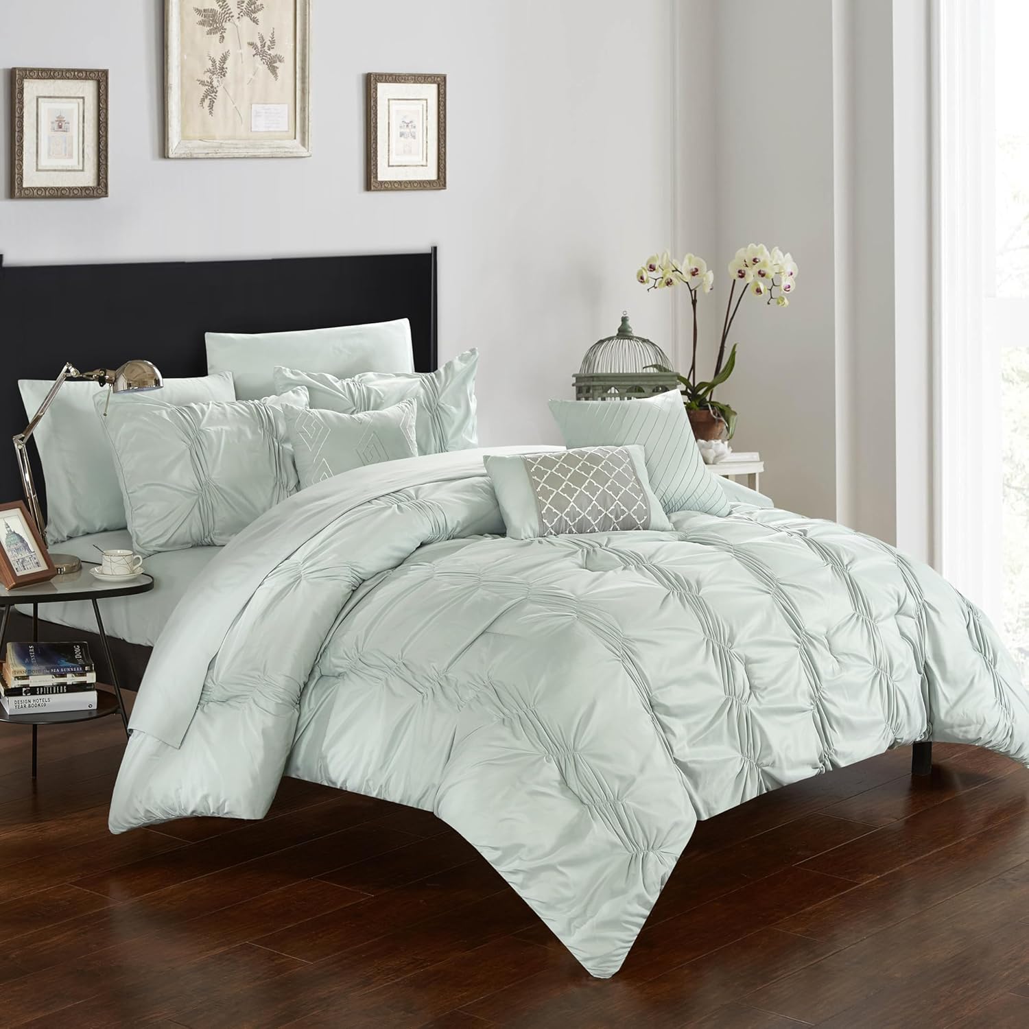 Chic Home 10 Piece Tori Pinch Ruffled and Pleated Complete Bed in A Bag Comforter Sheets Set and Deocrative Pillows Included, King, Green