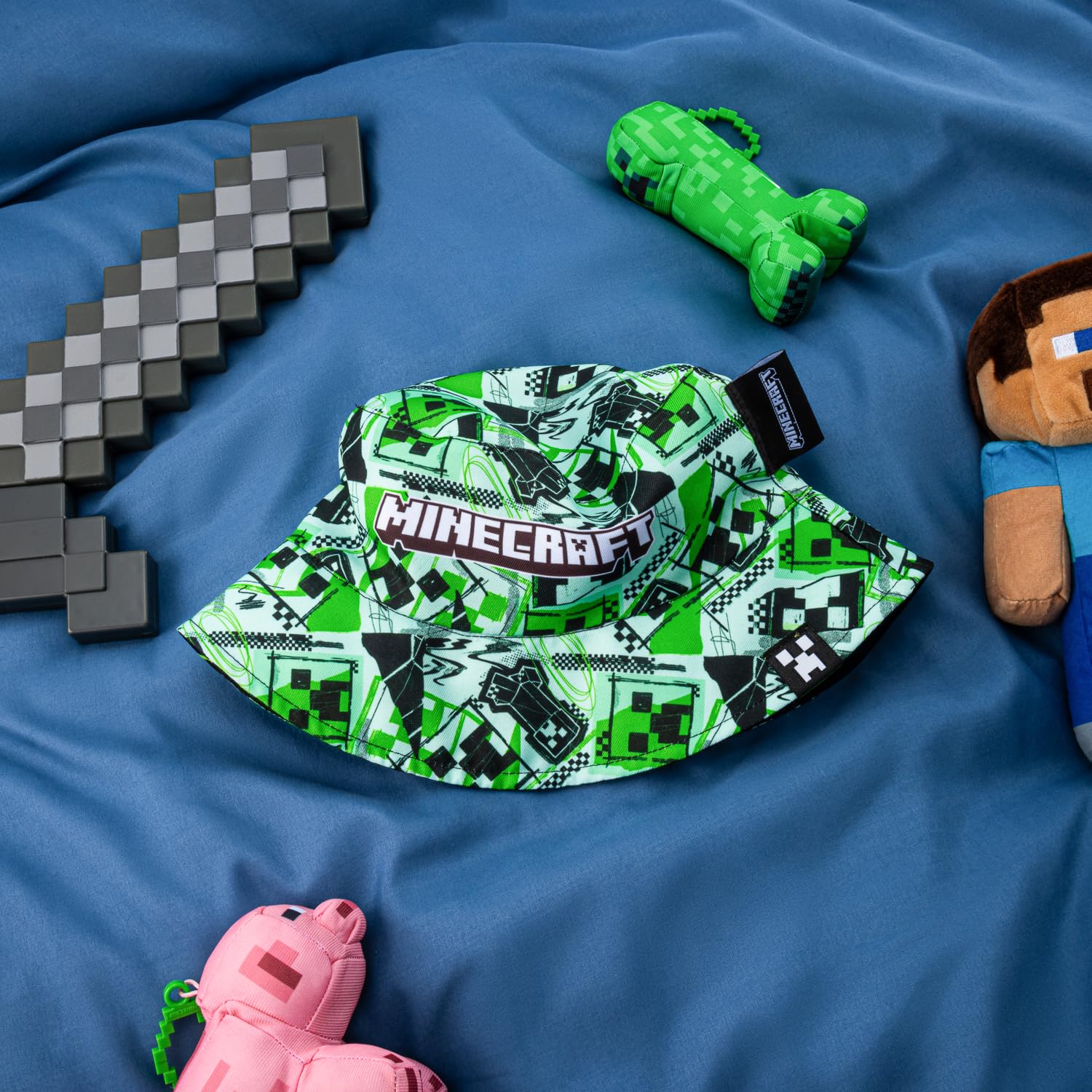 Minecraft Cappello alla pescatora per ragazzi, cappello estivo per ragazzi, design reversibile, cappello da gioco, verde, Verde
