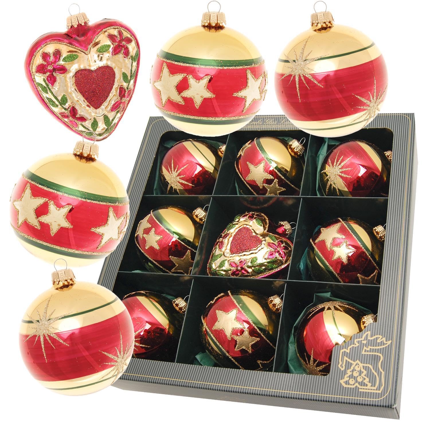 Dekohelden24 Lauschaer Christbaumschmuck - 9er Set Glaskugeln in Rot, Gold und Grün, mundgeblasen und handdekoriert mit versch. Motiven, mit Goldkrönchen, Größe Ø ca. 8 cm