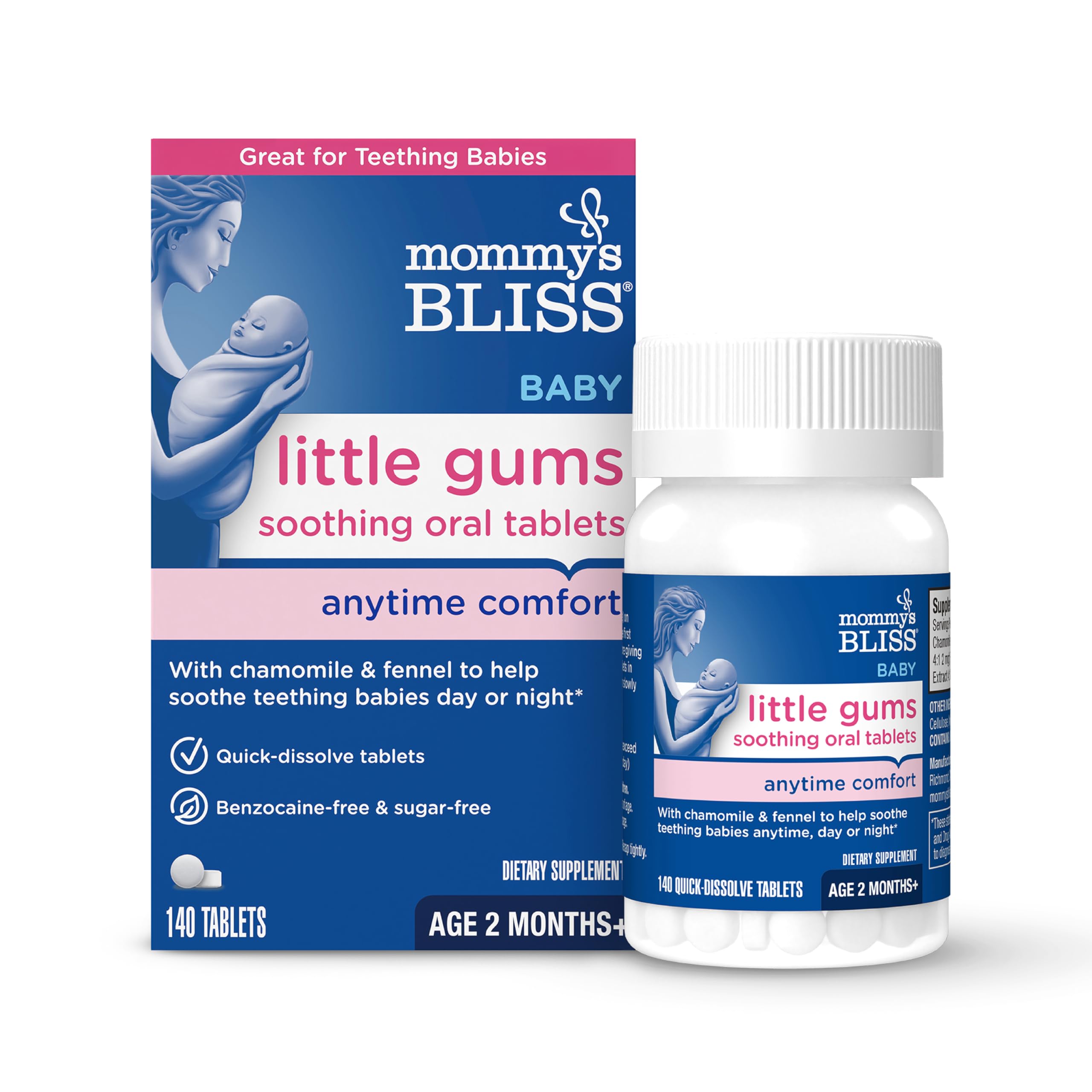 Little Gums Soothing Oral Tablets, Great for Teething Babies, Benzocaine-Free & Sugar-Free, 2 Months+, 1 Bottle (140 Tablets)