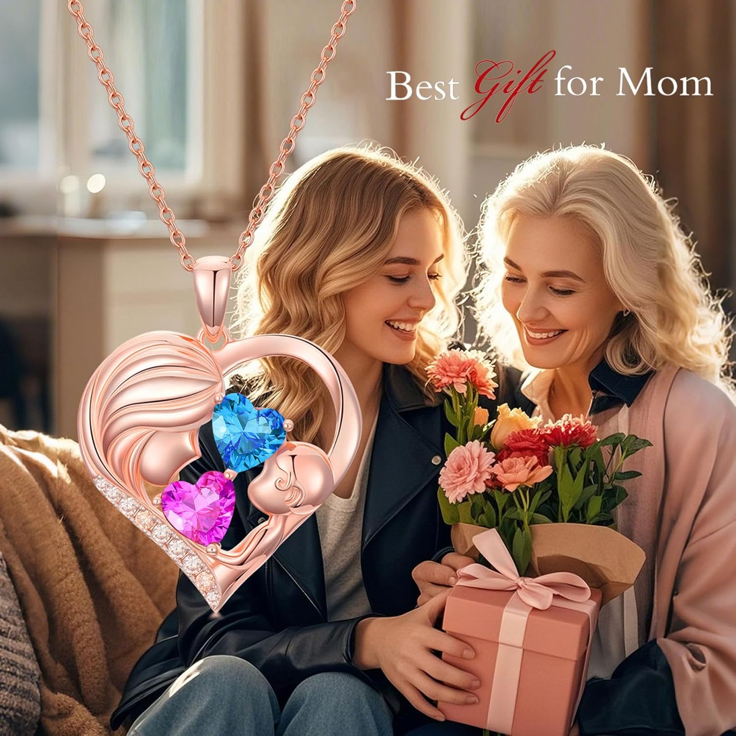Mother Daughter Birthday Gifts for Her Women Rose Gold Plated Mom Heart Pendant with 12 Months Birthstone Necklace, Christmas Gifts for Mom Daughter, Birthday Mothers Day Gifts Anniversarry Jewelry for Wife Girlfriend Sister - Image 4