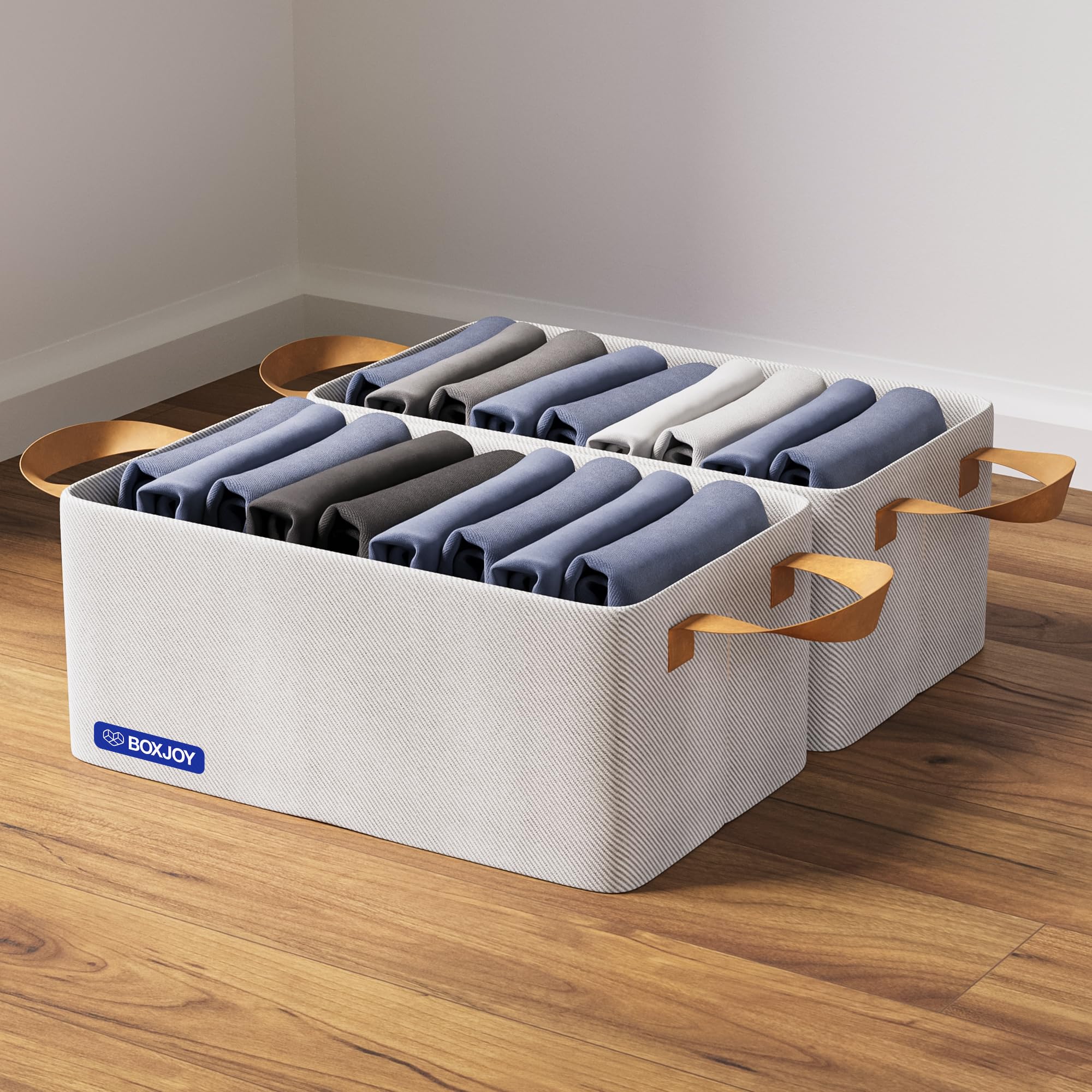 BOXJOY Pack of 2 Premium Storage Organiser Box for Clothes with Strong Steel Frame & Handle, Foldable Closet Basket for Wardrobe, Cupboard, Almirah Shelves, Home Essentials for Boys Girls Cloth