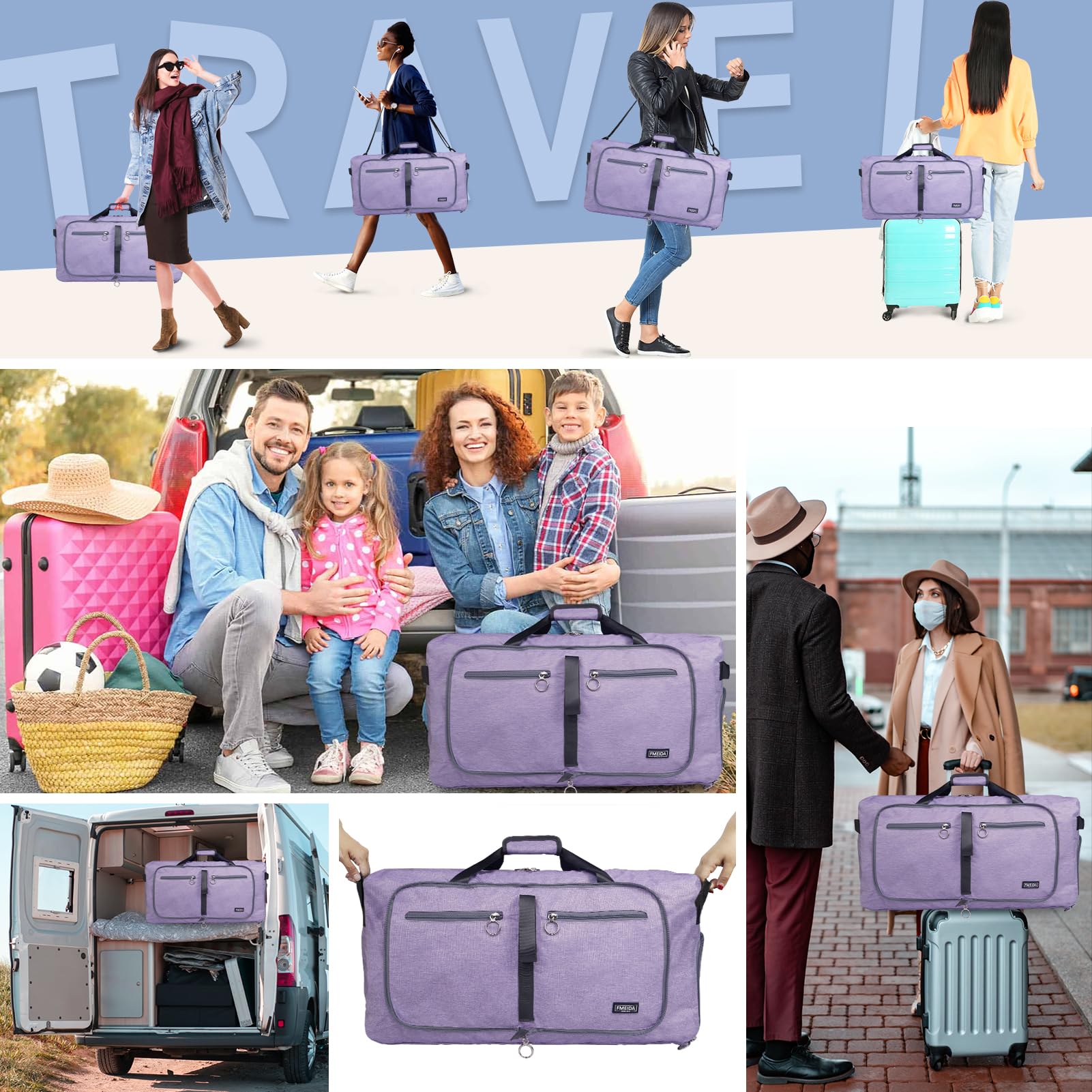 Fmeida Borsone da Viaggio 65L Pieghevole Borsone Palestra Grande Capacità Borsa Sportiva Impermeabile Borse da Viaggio Uomo Donna per Viaggi Campeggio Vacanza, Viola