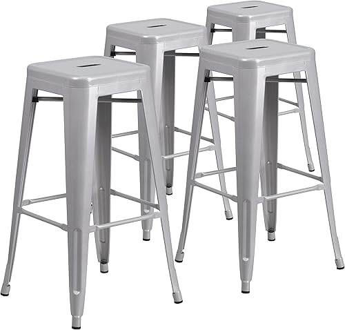 Miniatura 27 de Flash Furniture - Taburete de bar de grado comercial de 30 pulgadas de alto, sin respaldo, de metal azul para interior/exterior con asiento cuadrado