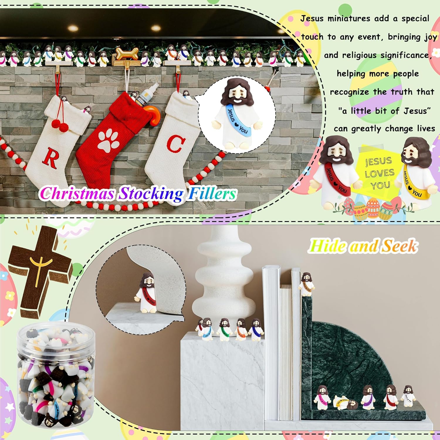 60 Pcs Little Jesus Figures Easter Mini Rubber Toys to Hide and Seek, Pocket Jesus Loves You Miniatures Religious Party Favors Baptism Gifts Sunday School Easter Egg Stuffers (10 Color_60)