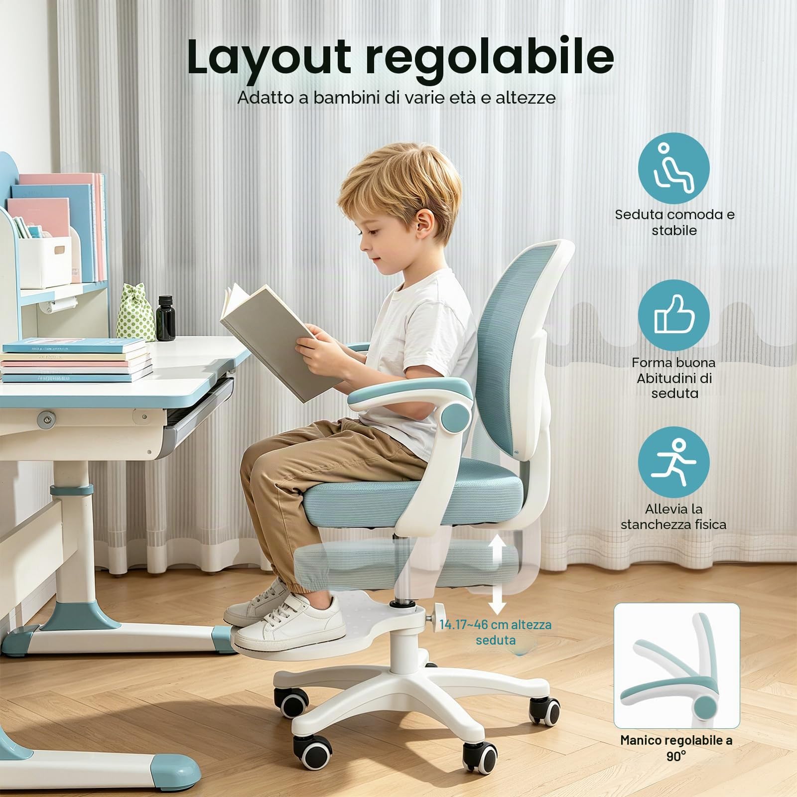 Sedia da scrivania per bambini, ergonomica, girevole a 360°, per bambini, regolabile in altezza, con braccioli e poggiapiedi, per adolescenti e ragazze (verde)