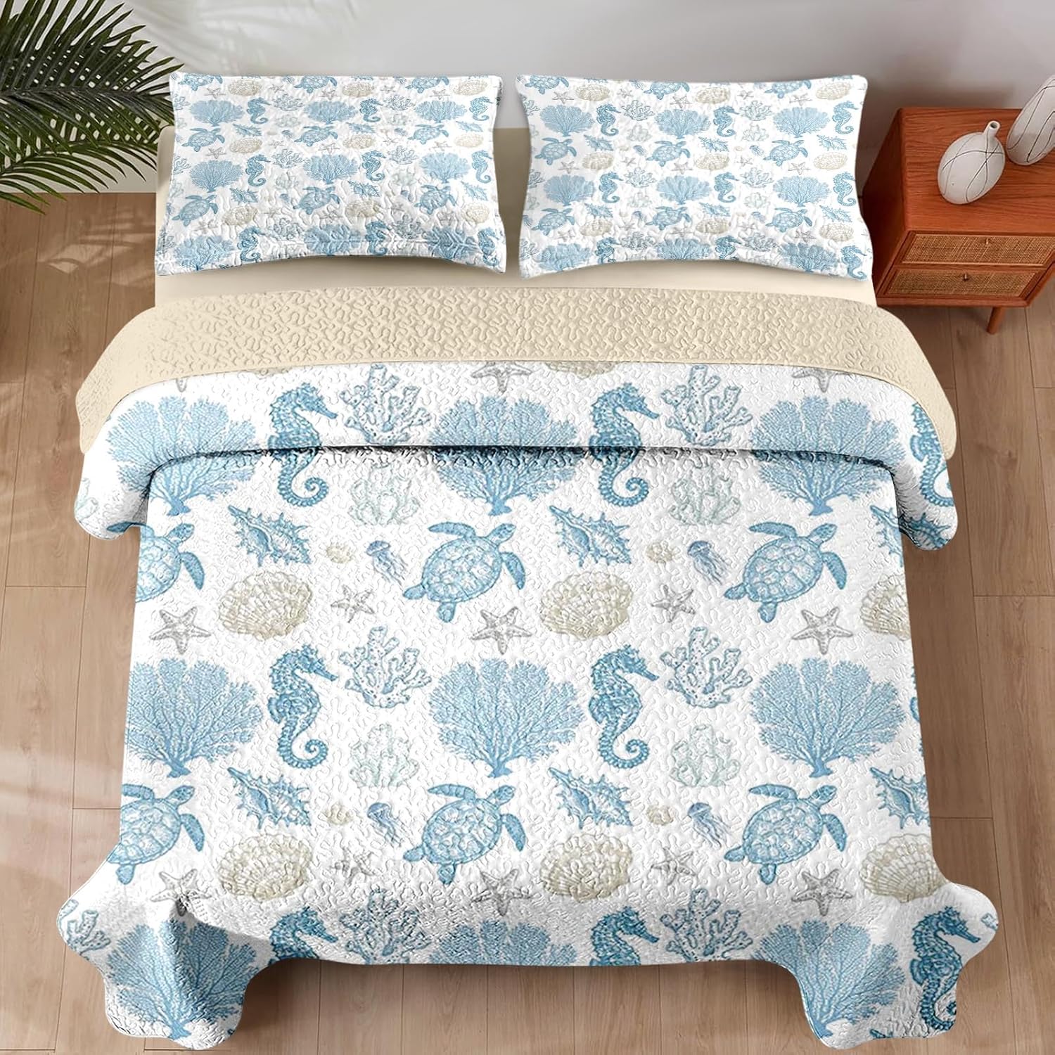 Quilt Set King Size, Sea Shell Coral Seahorse 3 Pcs Soft Bed Cover Bedding Set for Kids and Adults, Starfish Nautical Lightweight Bedspread Coverlet with Pillow Sham for All Season