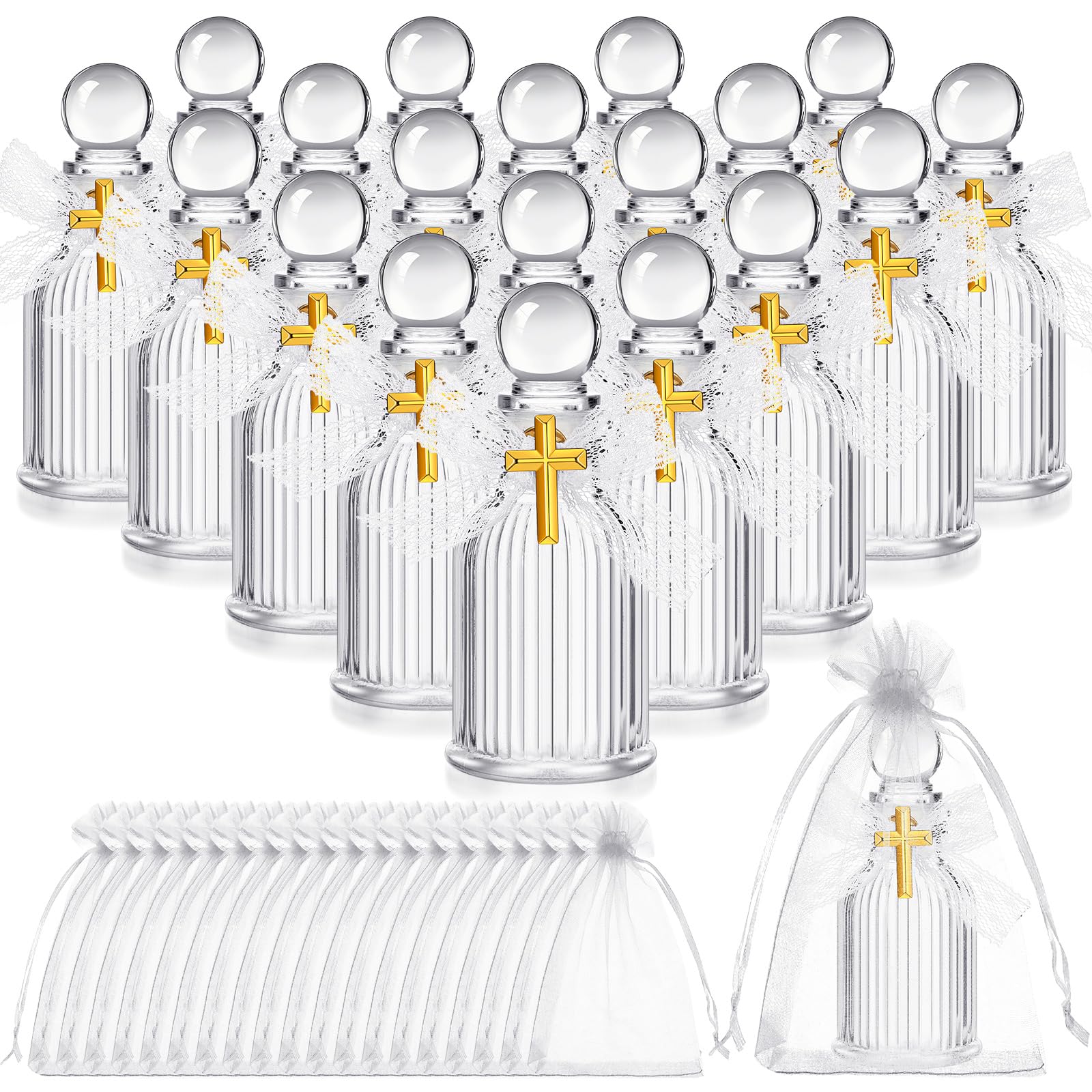 SiliFine 20 Set Holy Water Bottles Glass 40ml Holy Water Container Empty Containers with Gold Cross for Catholic Christian Church Halloween First