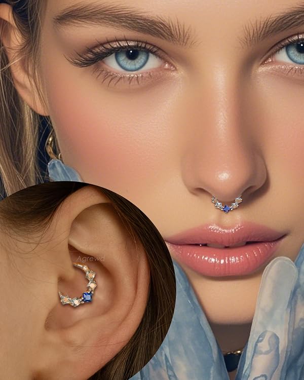 Agrewd Blue CZ Septum Rings, 16G Septum Jewelry, Dainty Helix Daith Earrings for Women, Stainless Steel Septum Daith Piercing Jewelry by Agrewd - Used condition - Image 2