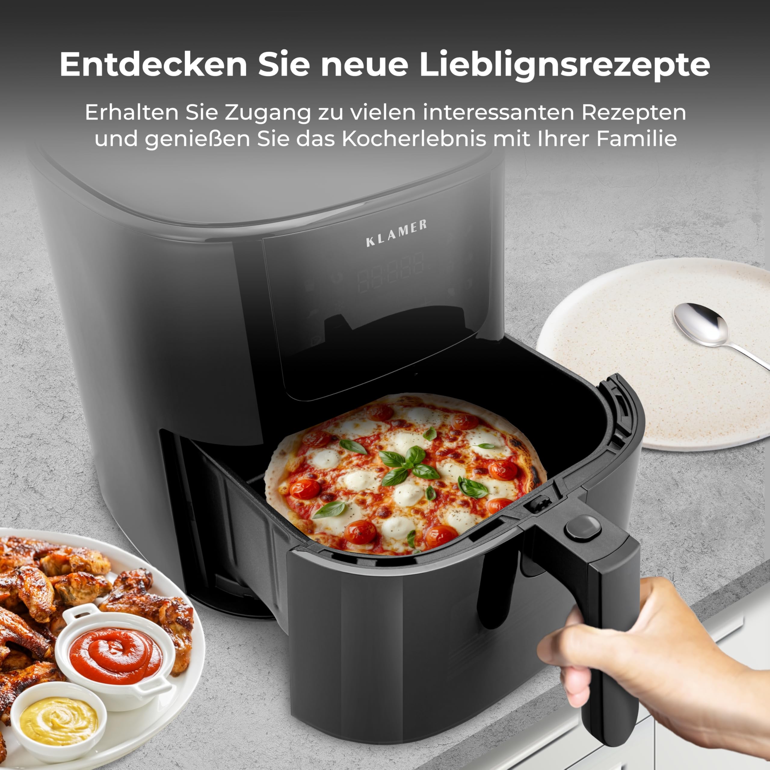 KLAMER Heißluftfritteuse 5 L XL mit Sichtfenster, für bis zu 5 Personen | Airfryer mit 10 Programmen, Schüttel-Erinnerung und digitalem deutschen Rezeptbuch, bereitet Gerichte mit weniger Fett zu