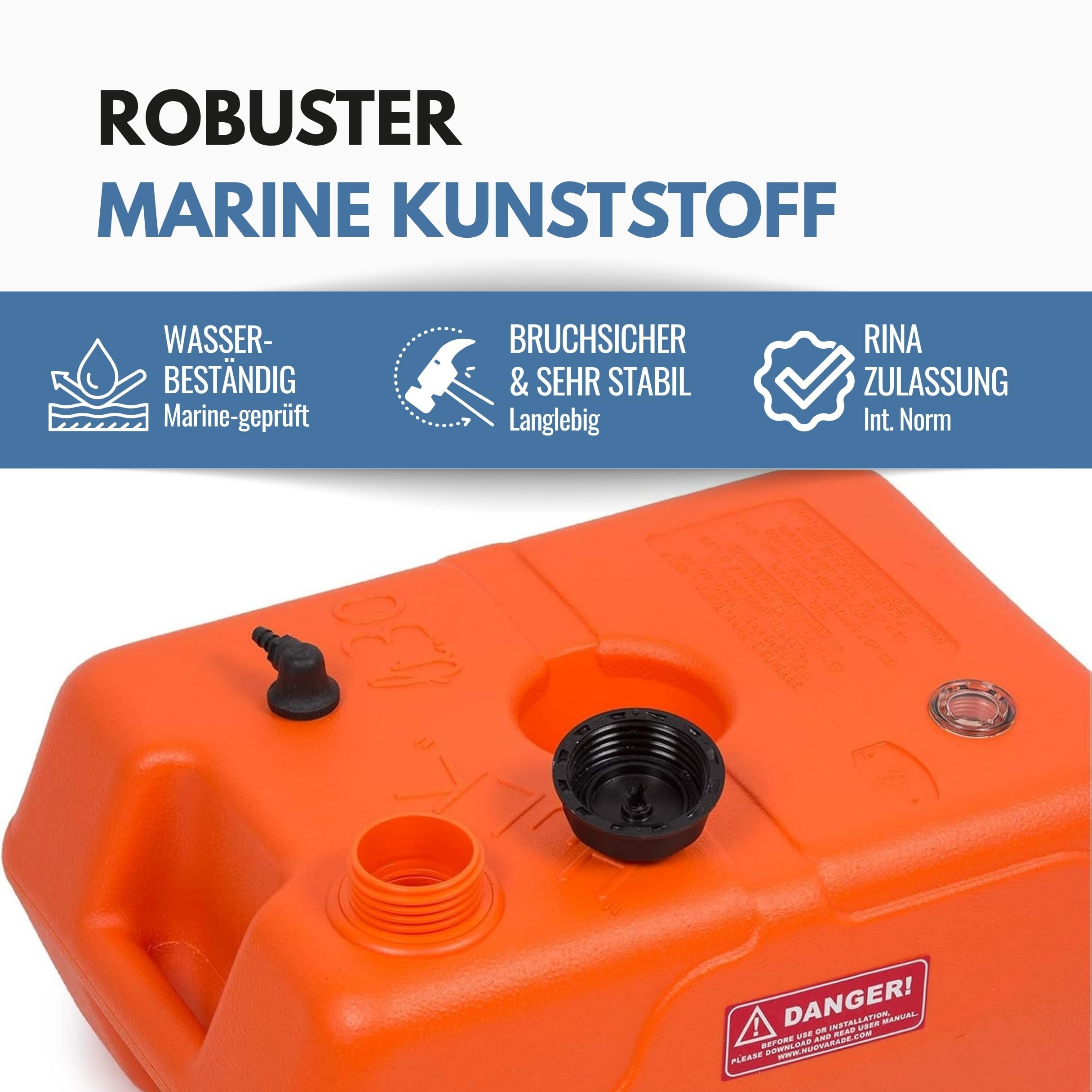Benzintank Boot 22 Liter mit Tankanzeige – Komplettset mit Pumpball & 2,15-m-Benzinschlauch (bis 15 bar) – HDPE Kraftstofftank Außenborder, UV-beständig, Schnellkupplung