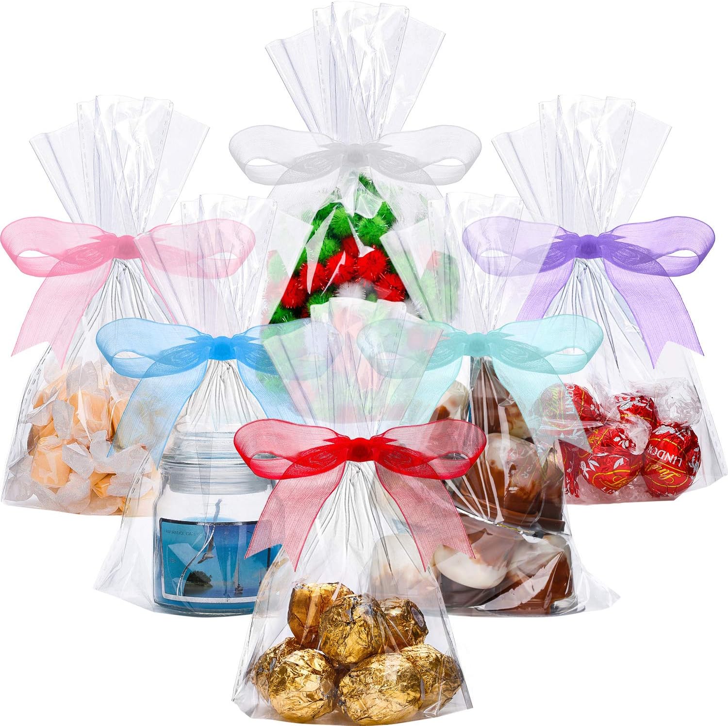 50 Counts 15 x 25 cm Clear Flat Cello Cellophane Treat Bags Cellophane Block Bottom Storage Bags Sweet/Party/Gift/Home Bags with Colorful Bag Ties(Organza Ribbon)