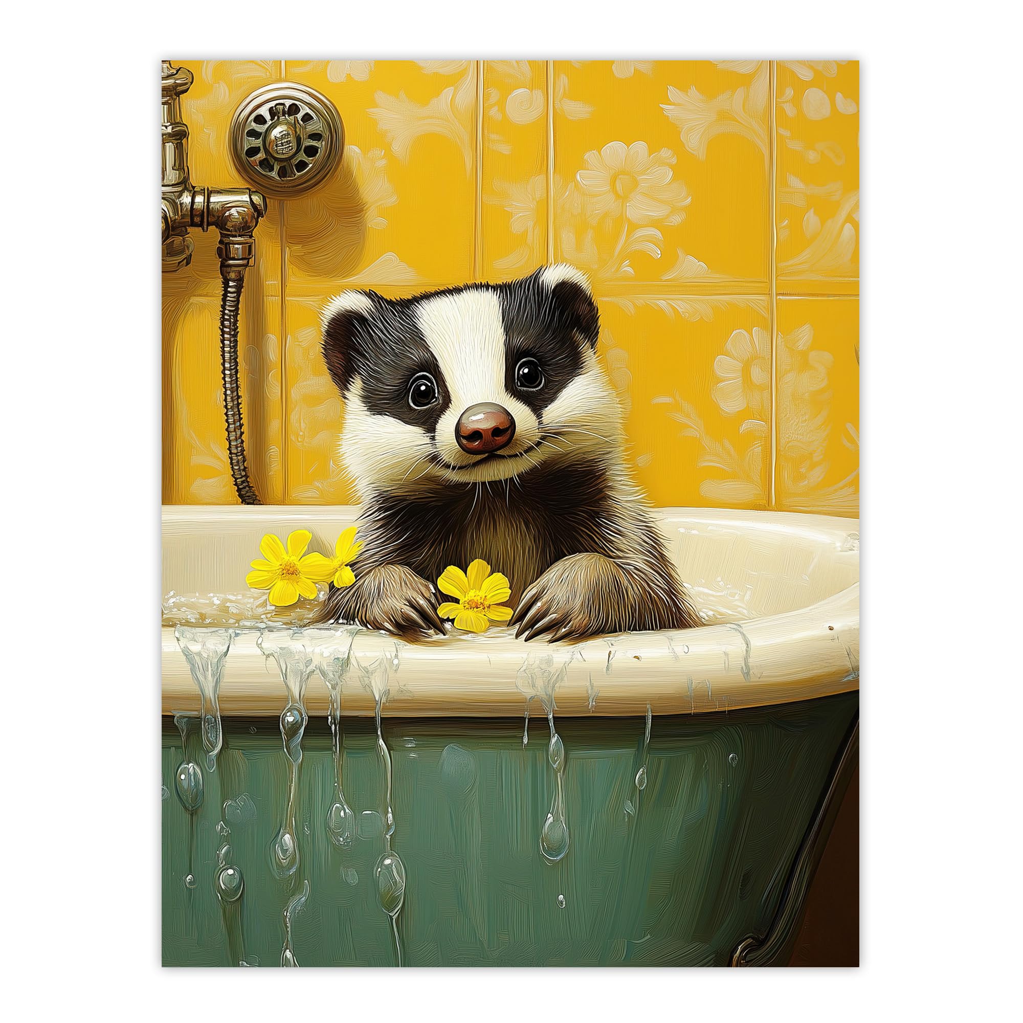 Artery8 Cute Badger in Bathtub Yellow Daisy Theme Bath Bathroom Toilet Extra Large XL Wall Art Poster Print