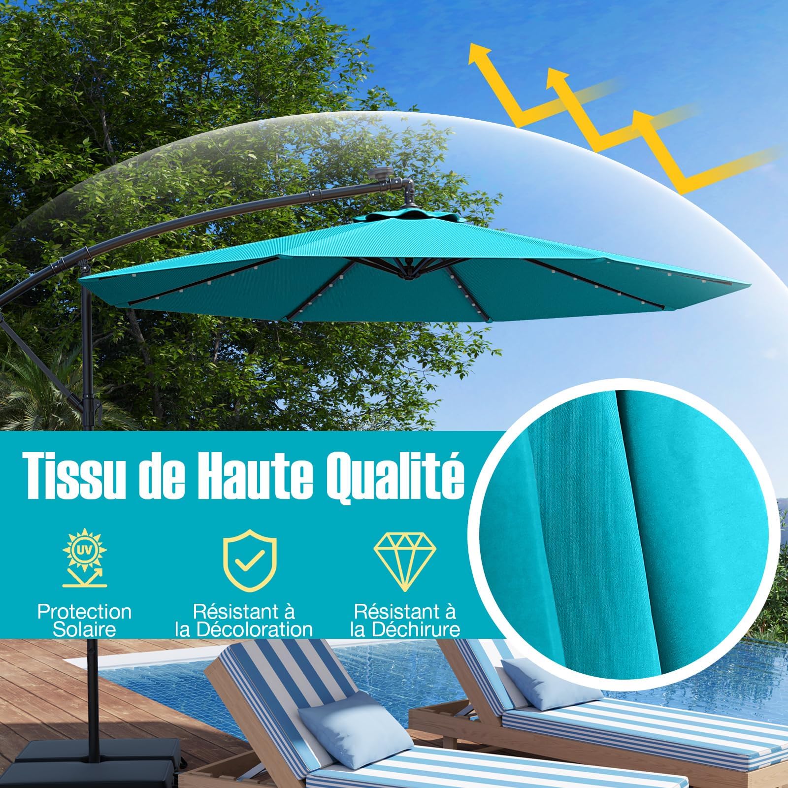 GOPLUS Parasol Déporté Inclinable 3 M Avec 40 Lampes Solaires LED – Grand Parasol Jardin Terrasse Beige