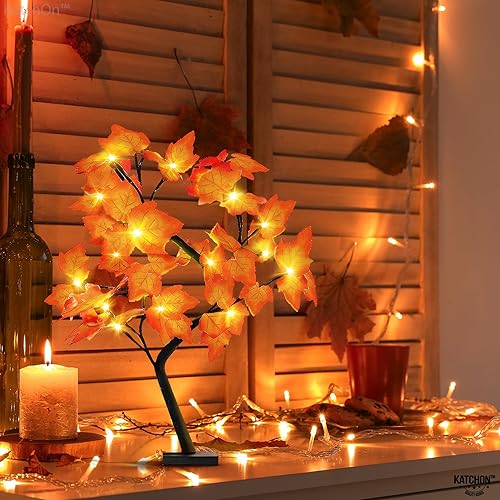 Miniatura 7 de KatchOn, Árbol de arce artificial con luces, 18 pulgadas, 24 luces LED, árbol de arce doblado de otoño, decoración de Acción de Gracias para