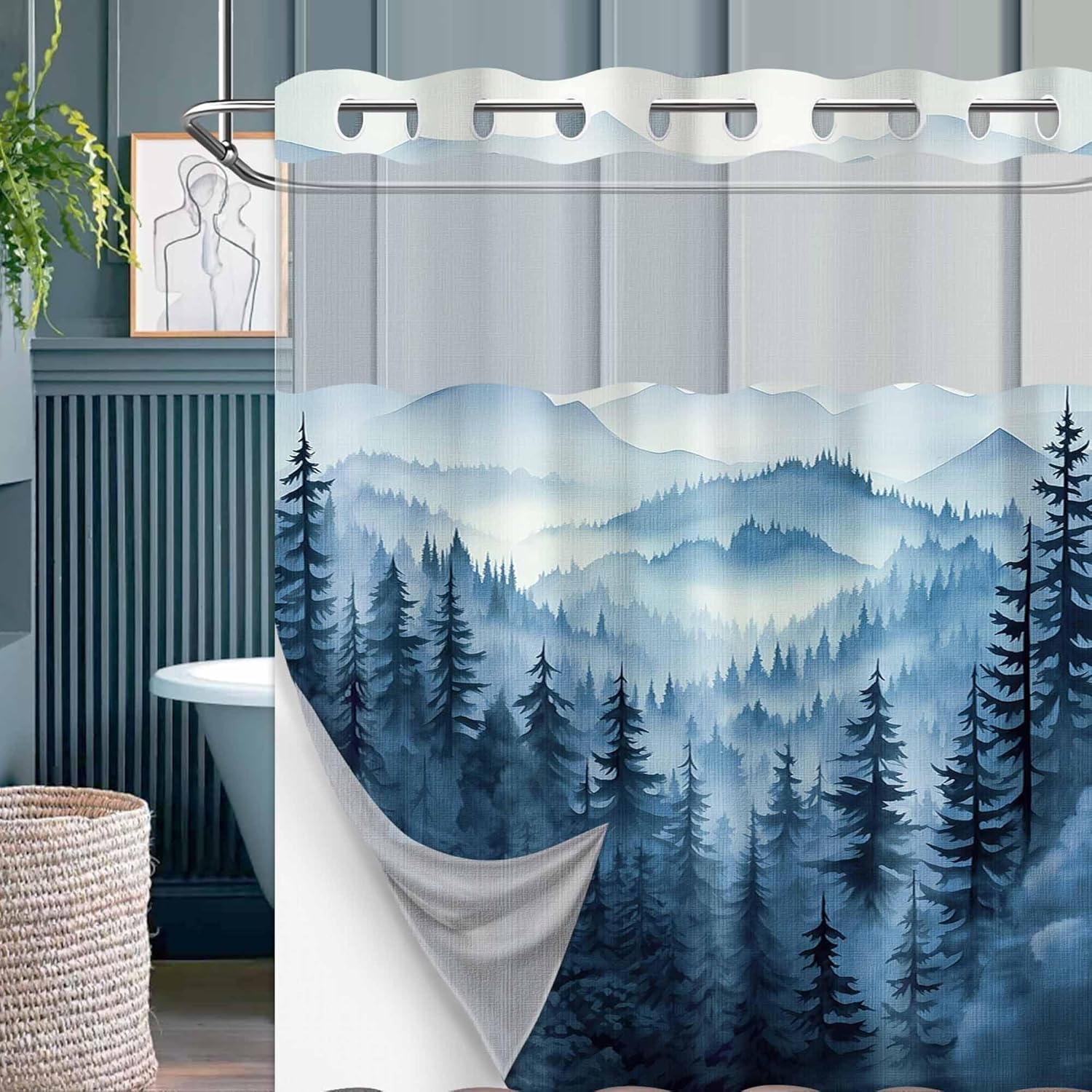 Forest Hookless Shower Curtain with Snap in Liner, Nature Mountain No Hook Double Layer Shower Curtain and Liner Set, Ringless with Window Waterproof Cloth Fabric, 71" W x 86" L