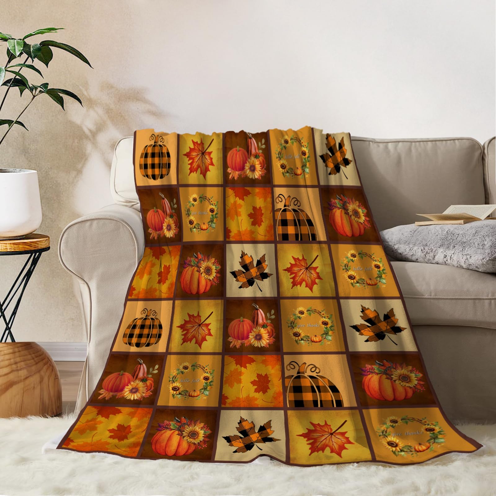 YeeJuYeeJu Fall Decoraitve Throw Blanket Twin Plaid Thanksgiving Autumn Pumpkins Sunflower Blanket Couch Sofa Bed Living Room Soft Cozy Lightweight Warm Fuzzy Plush Fleece Blankets and Throws 60x80