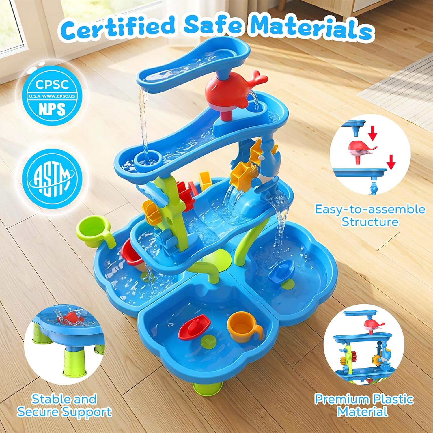 MoKo 4-Tier Water Table with 20 Toy Accessories, Toddler Water and Sand Activity Sensory Playset, Kids Summer Outdoor Toys for Beach Backyard Outdoor, Gift for Toddlers, Blue Dolphin Pink Whale